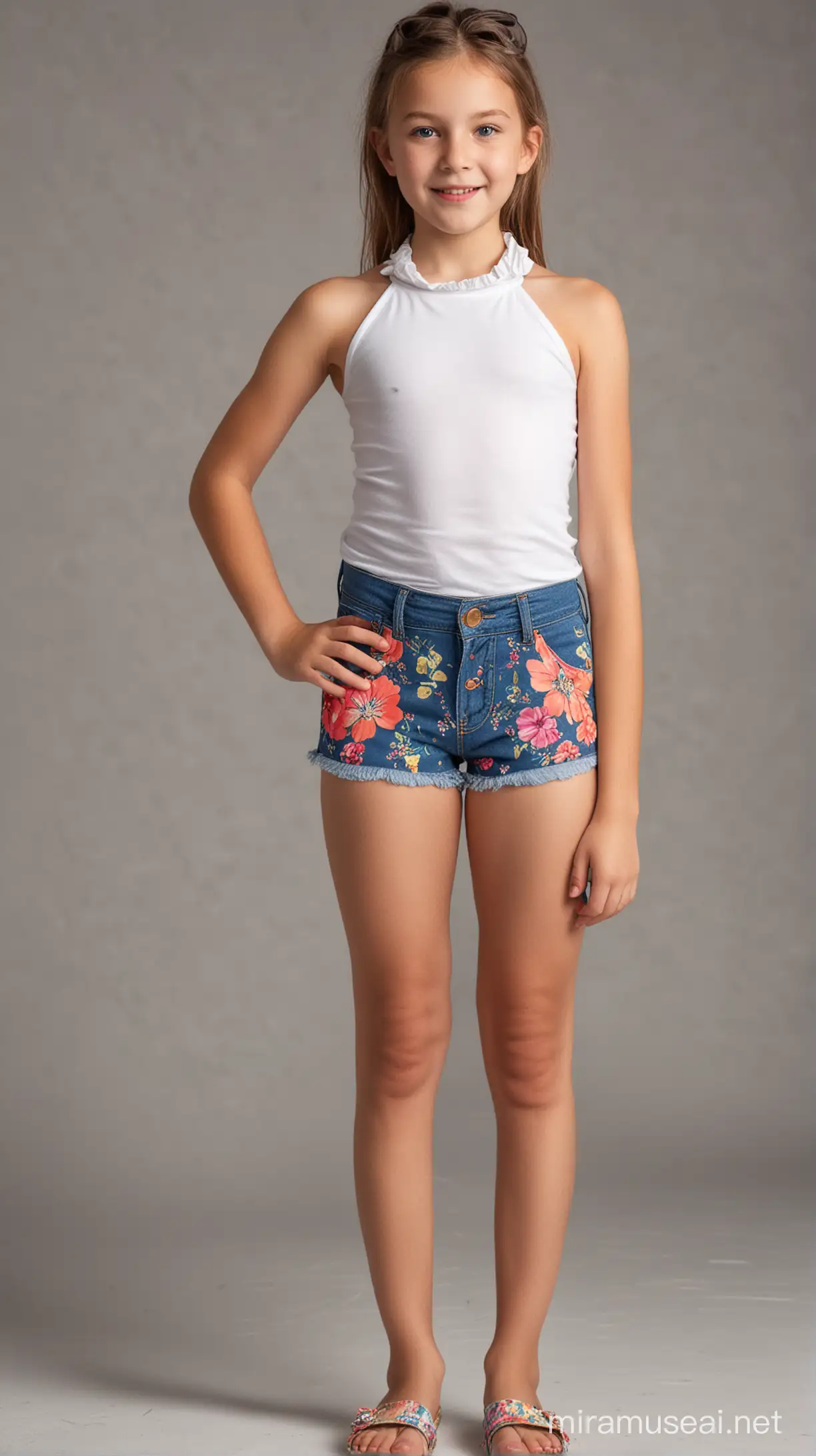 12 years old girl, wearing Halter Neck Top with short shorts