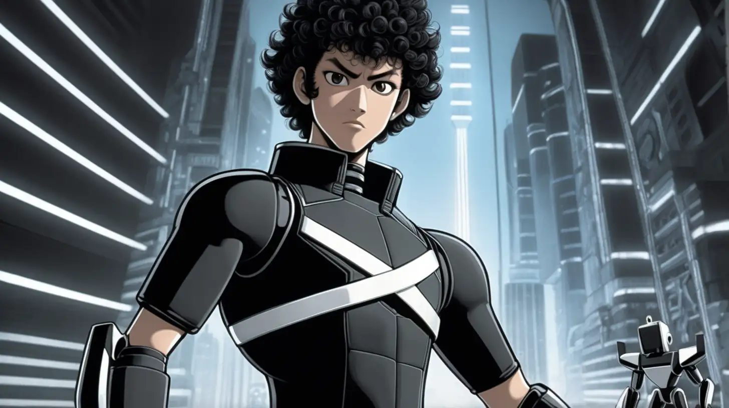 3d, anime, asian male, wearing black clothes with one white stripe, breaking robots, Logan's Run" is set in a dystopian future where society is confined to a doomed city,  Logan age 17, The story follows a "Sandman" named Logan 5, Asian male, black curly hair, emo, thick black eyebrows, dark eyes,  break robots