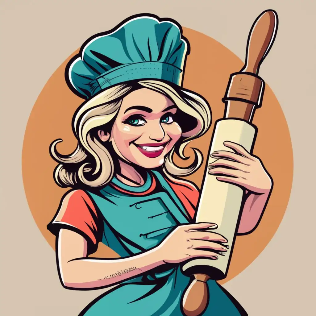 logo, logo, A funny smiling blonde teenage girl chief with rolling pin and hat and holding rolling pin with other hand white background, with the text "TURKISH YUFKA AT DUBAI", typography, be used in Restaurant industry, with the text "Turkish Yufka Dubai", typography, be used in Restaurant industry, with the text "TURKISH YUFKA AT DUBAI", typography, be used in Restaurant industry
