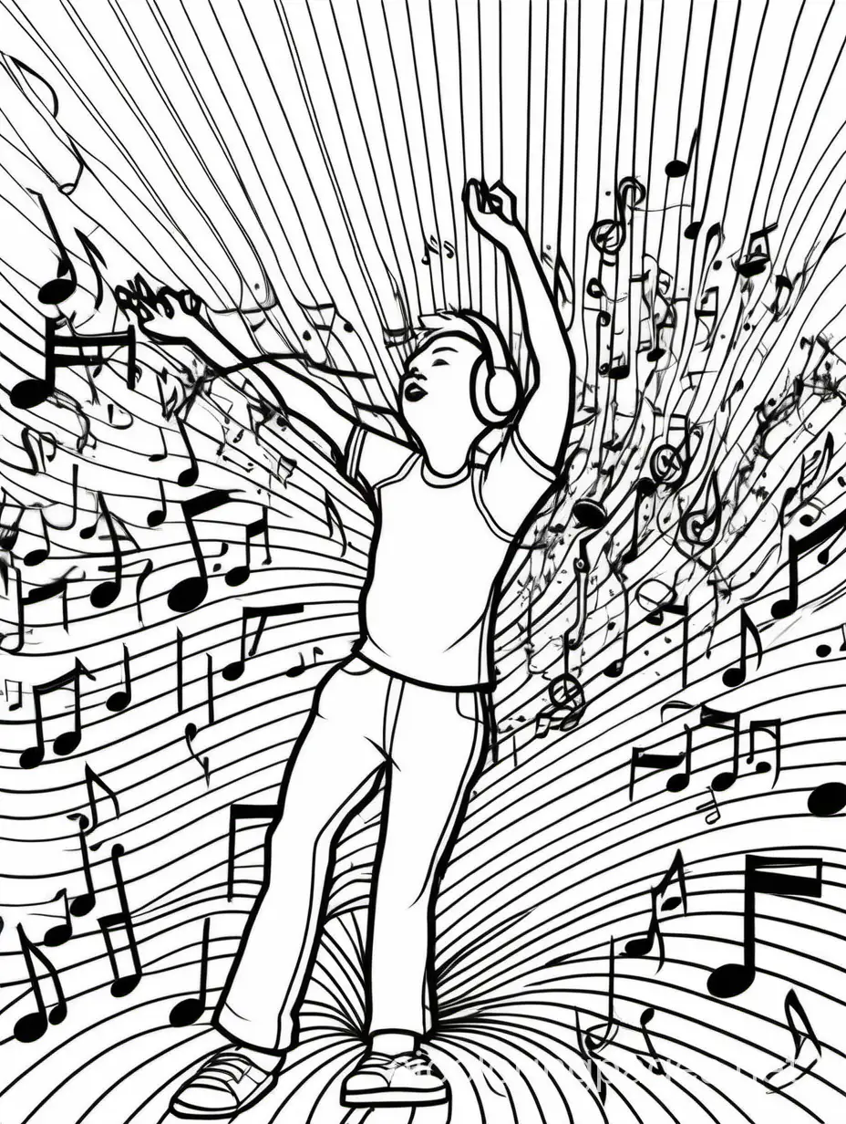 music, black and white, simple lines, concert, adult, dancing, Coloring Page, black and white, line art, white background, Simplicity, Ample White Space. The background of the coloring page is plain white to make it easy for young children to color within the lines. The outlines of all the subjects are easy to distinguish, making it simple for kids to color without too much difficulty