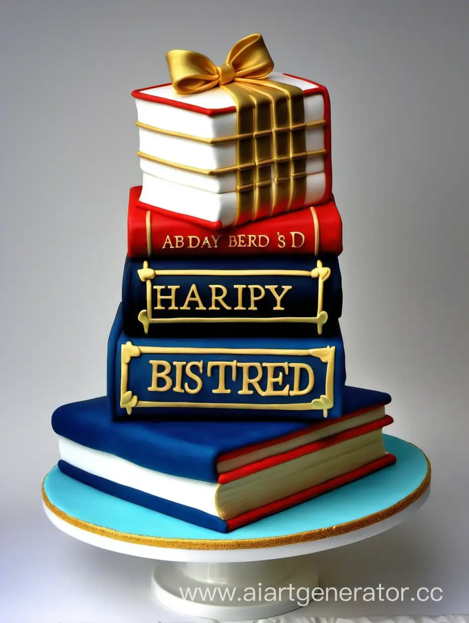 Two tier books inspired cake, one regular tier in white,  and the second tier in blue, red, green and gold