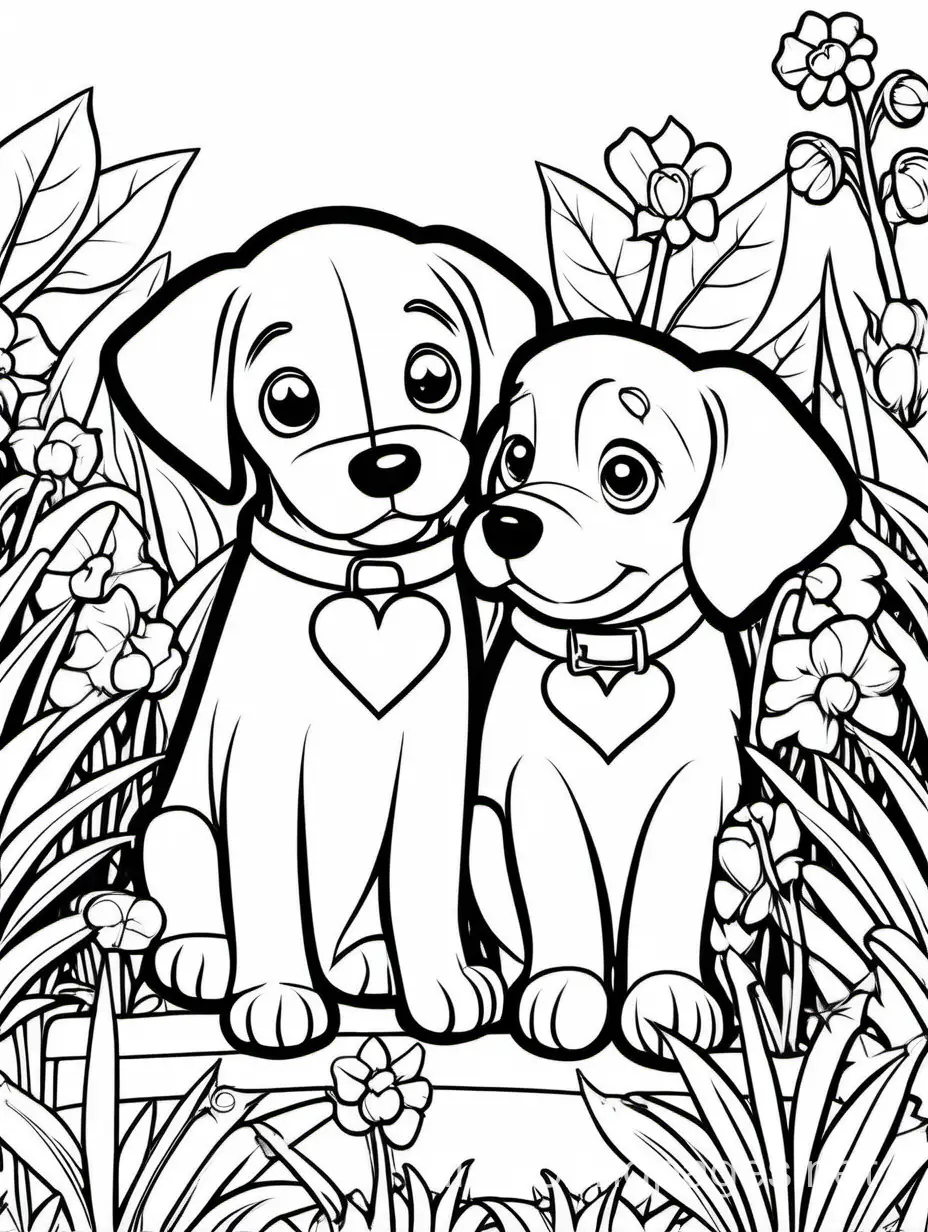 puppy dating with girlfriend in garden. white background in png form, Coloring Page, black and white, line art, white background, Simplicity, Ample White Space. The background of the coloring page is plain white to make it easy for young children to color within the lines. The outlines of all the subjects are easy to distinguish, making it simple for kids to color without too much difficulty
