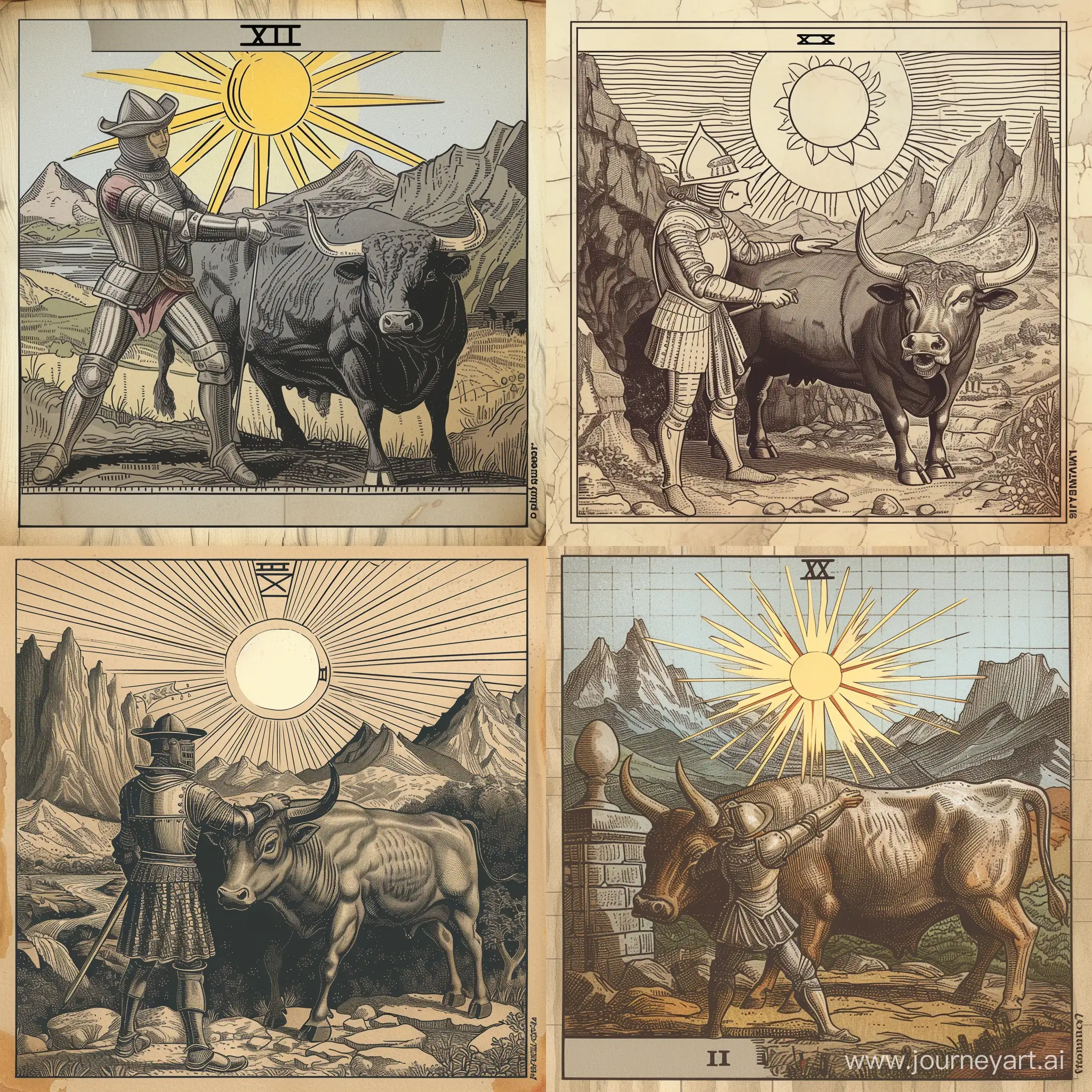 Gothic-Knight-and-Bull-Tarot-Scene-with-Sun-and-Mountains