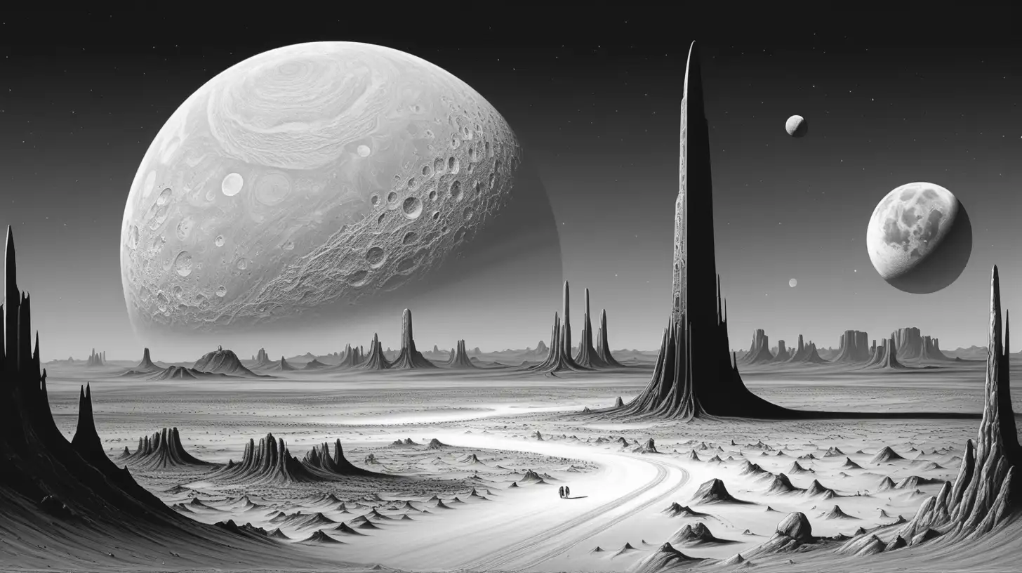 enormous planet looming over a desolate lunar desert. There are  black rectangular metal monoliths on the desert horizon.  line art. Black on white only, no grey scale




