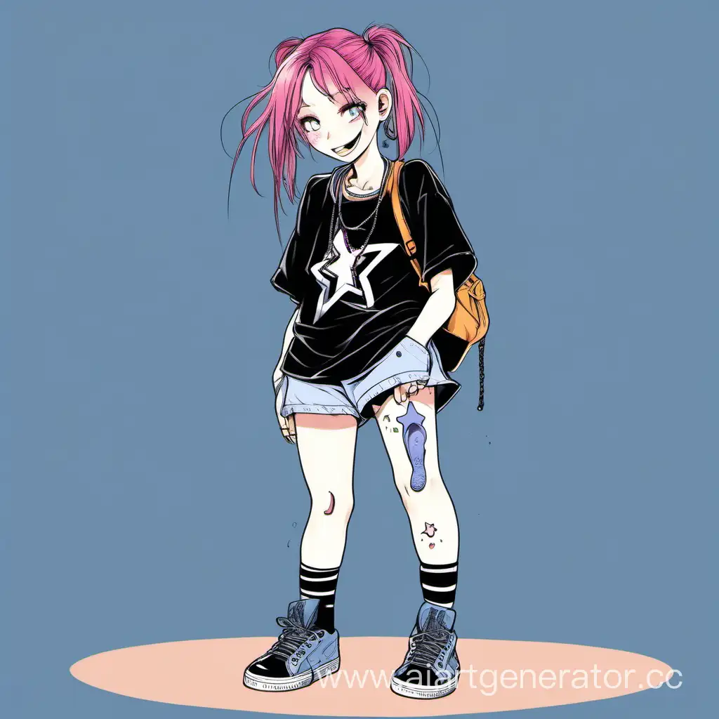 Young-Girl-with-Pink-Hair-in-Oversized-Star-Tshirt-and-Shorts