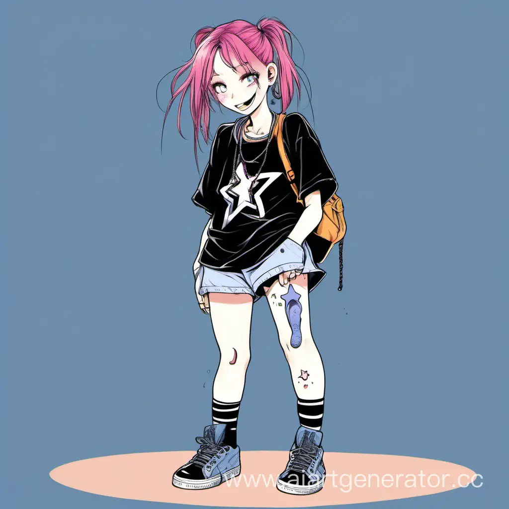 A full-length girl. She has pink hair, sticking out strands, a braided ponytail. She wears a choker around her neck, an oversize T-shirt and knee-length shorts. She's wearing white socks and black sneakers. A star is painted on the T-shirt. The girl is slightly underweight. She has blue eyes and a puncture in her ear. Her knees are a little bruised. She smiles uncertainly. She has long shorts! and she smiles uncertainly.