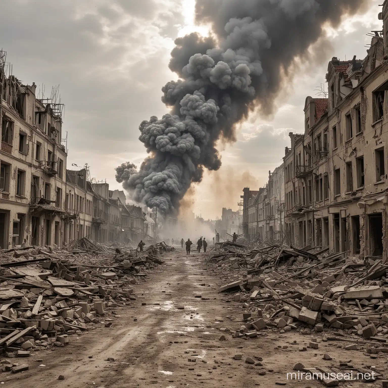 War scene, war torn, destroyed buildings, white phosphorus bombs, propaganda, poland ww2.
