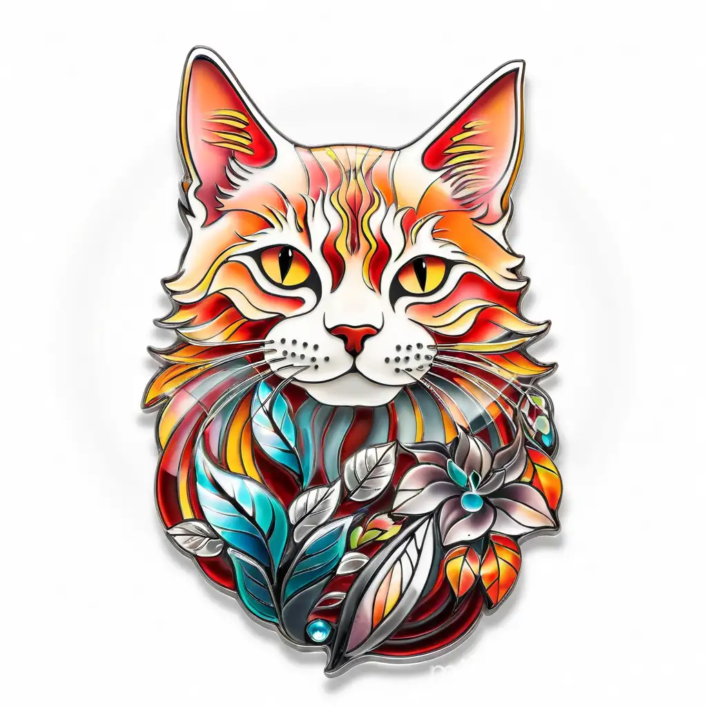 illustration of glass art style image of a cat , tattoo style, transparent background, high resolution