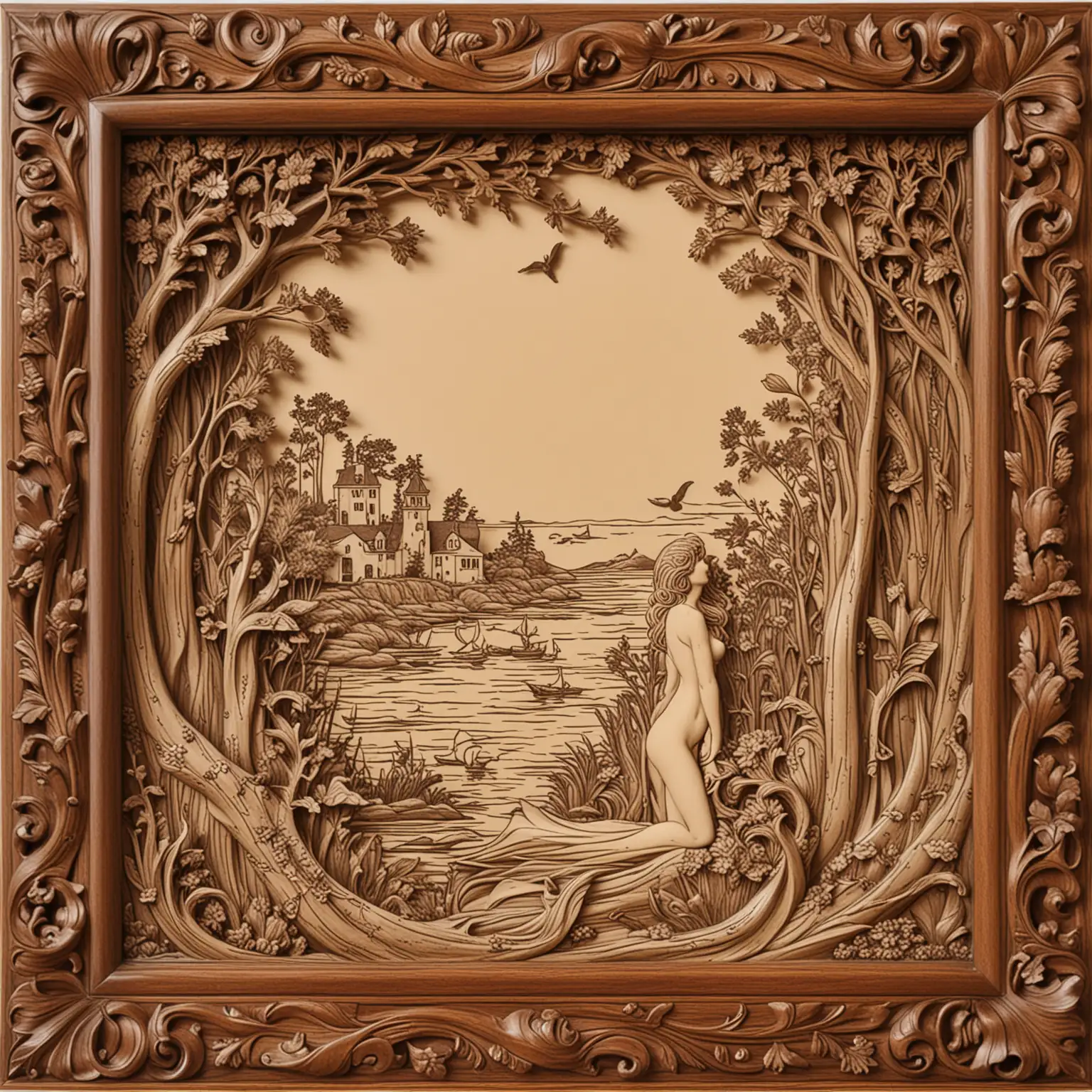 wood laquer frame surround, featuring a finely carved wooden scene from the little mermaid in the style of aubrey beardsley