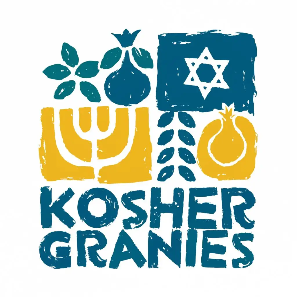 logo, Israel, yellow, blue, white, green, pomegranate, fig, Menorah, Paul Klee, with the text "Kosher Grannies", typography, be used in Automotive industry