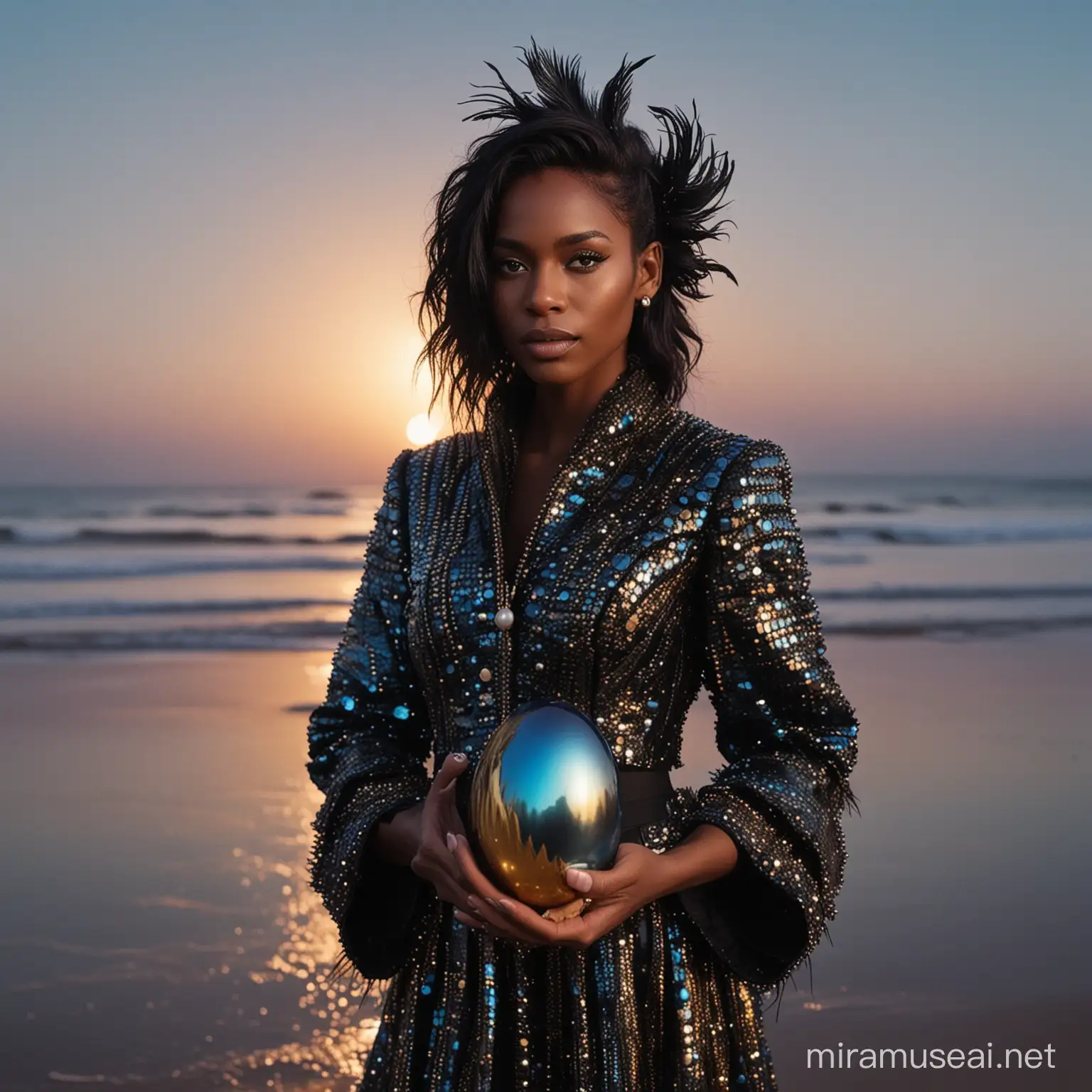 A chocolate skinned woman model holding a metallic black blue colored tiny dragon inside a golden eggshell, pearl iridescent, wearing metallic black shiny Schiapirelli inspired couture feather jacket, silver shiny crone, extreme long black hair, wes anderson color palette, night with huge moon beach background, 35mm photography
