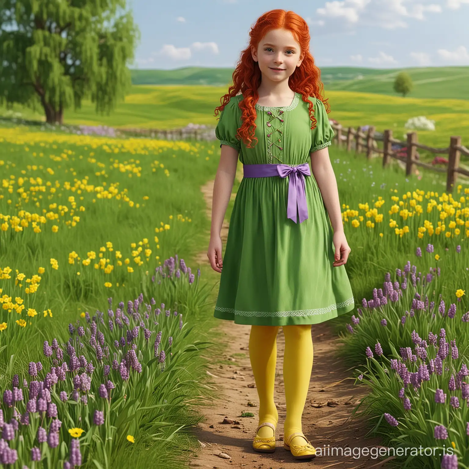 3D graphics: spring landscape and a girl with green eyes, red hair dressed in a long green dress with short sleeves, purple tights, little shoes, and a yellow ribbon at the waist