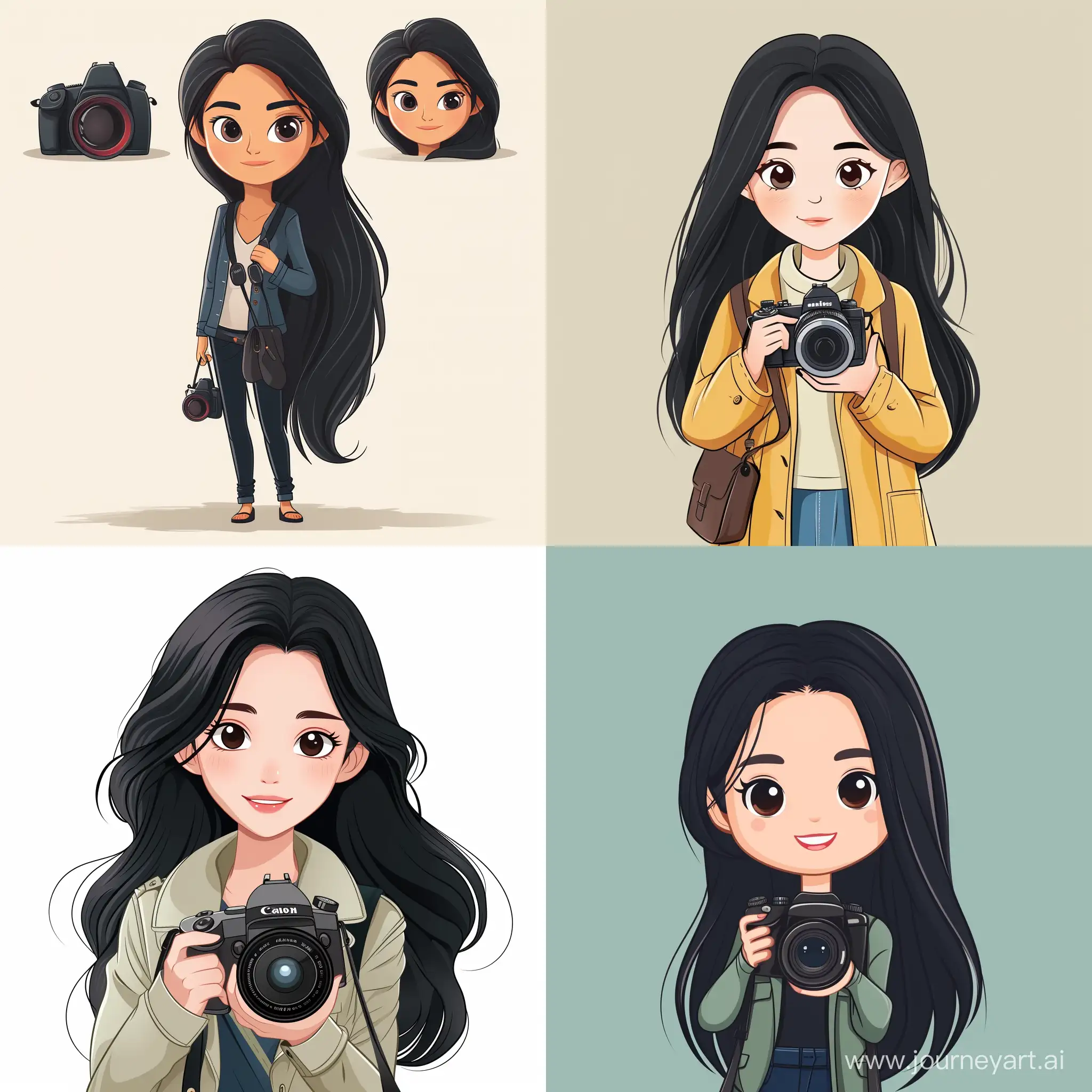 the character of a photographer woman with long black hair, in cartoon vector style, high quality details