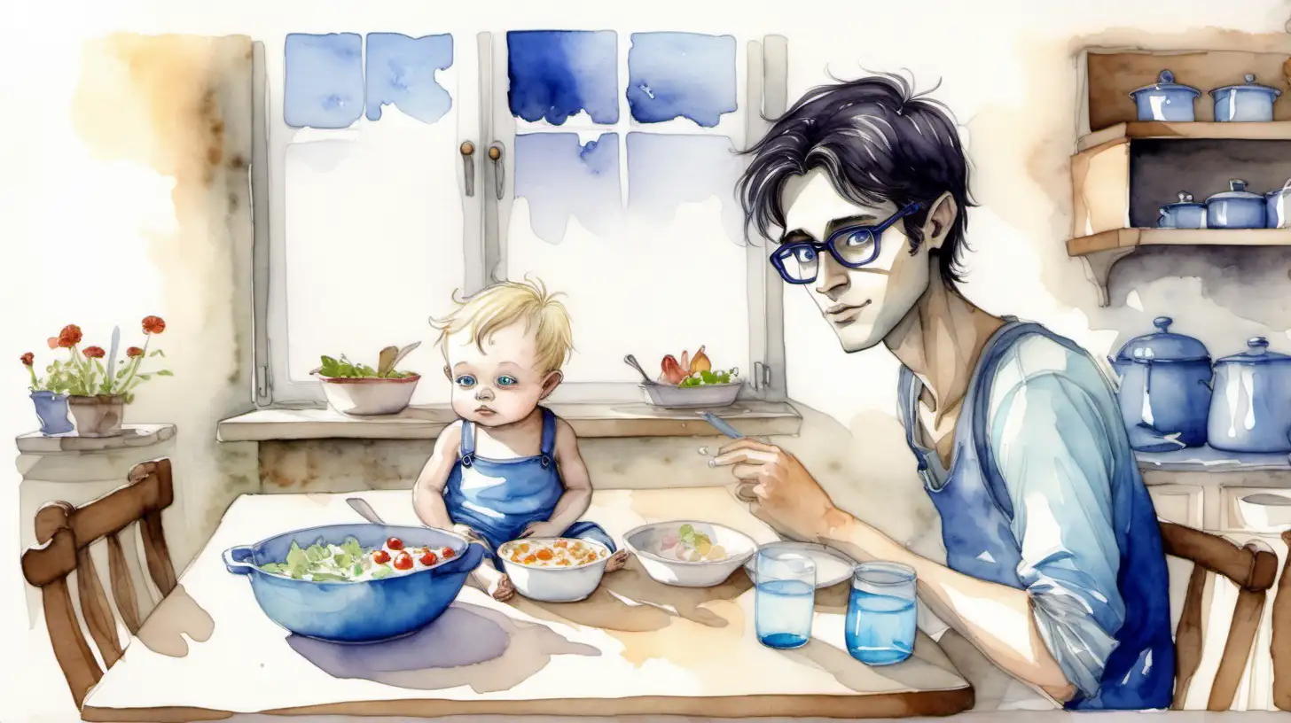 Water colour for a fairy story.

 a tall pixieboy with dark hair and glasses sitting next to…


 A baby with short dark blonde hair and blue eyes. Tired and sleepy in a fairy kitchen after lunch 