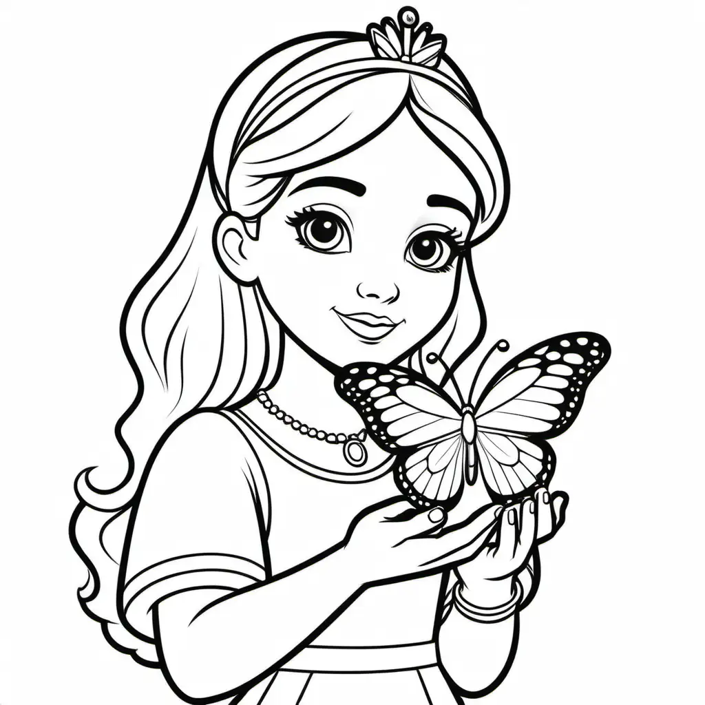 extremely simple, coloring pages for kids, young princess holding a butterfly on the palm of her hand, no background , cartoon style, thick lines, low detail, no shading--ar 9:11--v5