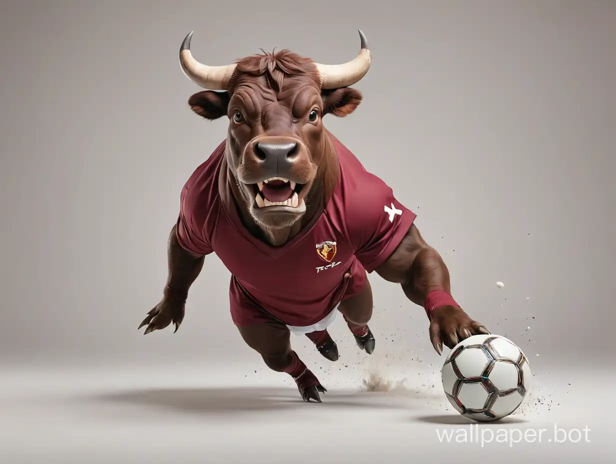 Соккер свирепый бык в бордовой футбольной форме Торино бежит и бьет по мячу белый фон фото 16к