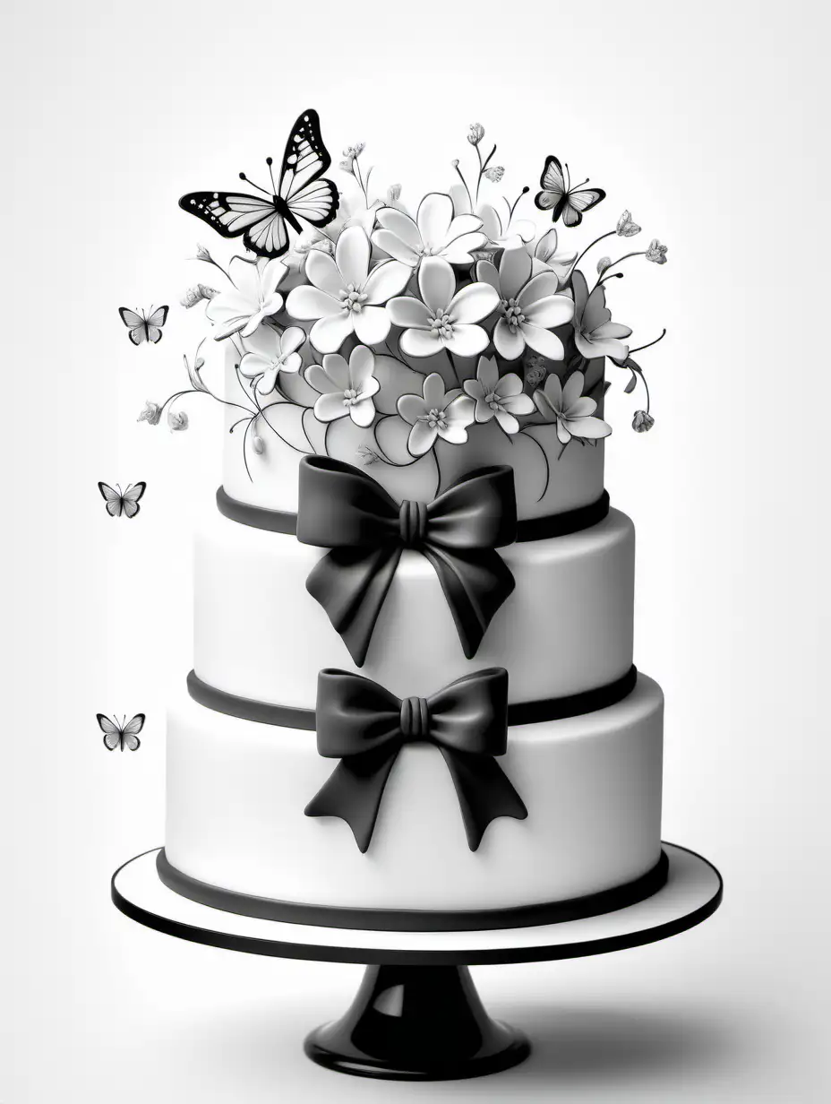 White cake, with a single elegant bow on top, tiny little flowers and butterflies clean lines, minimalist, black and white, a visually stunning cake ,colouring page, white background, 