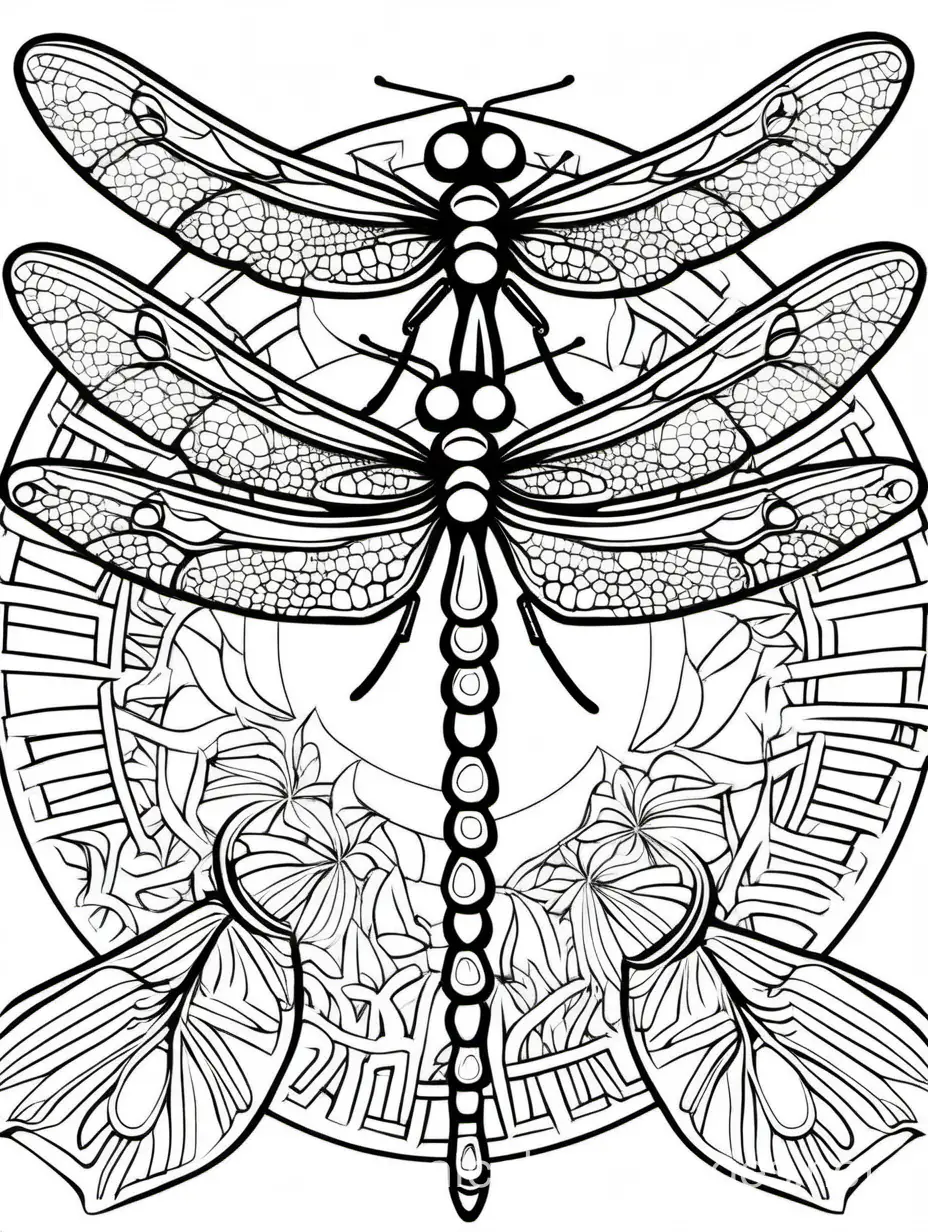 multiple dragonflies full mandala page, Coloring Page, black and white, line art, white background, Simplicity, Ample White Space. The background of the coloring page is plain white to make it easy for young children to color within the lines. The outlines of all the subjects are easy to distinguish, making it simple for kids to color without too much difficulty