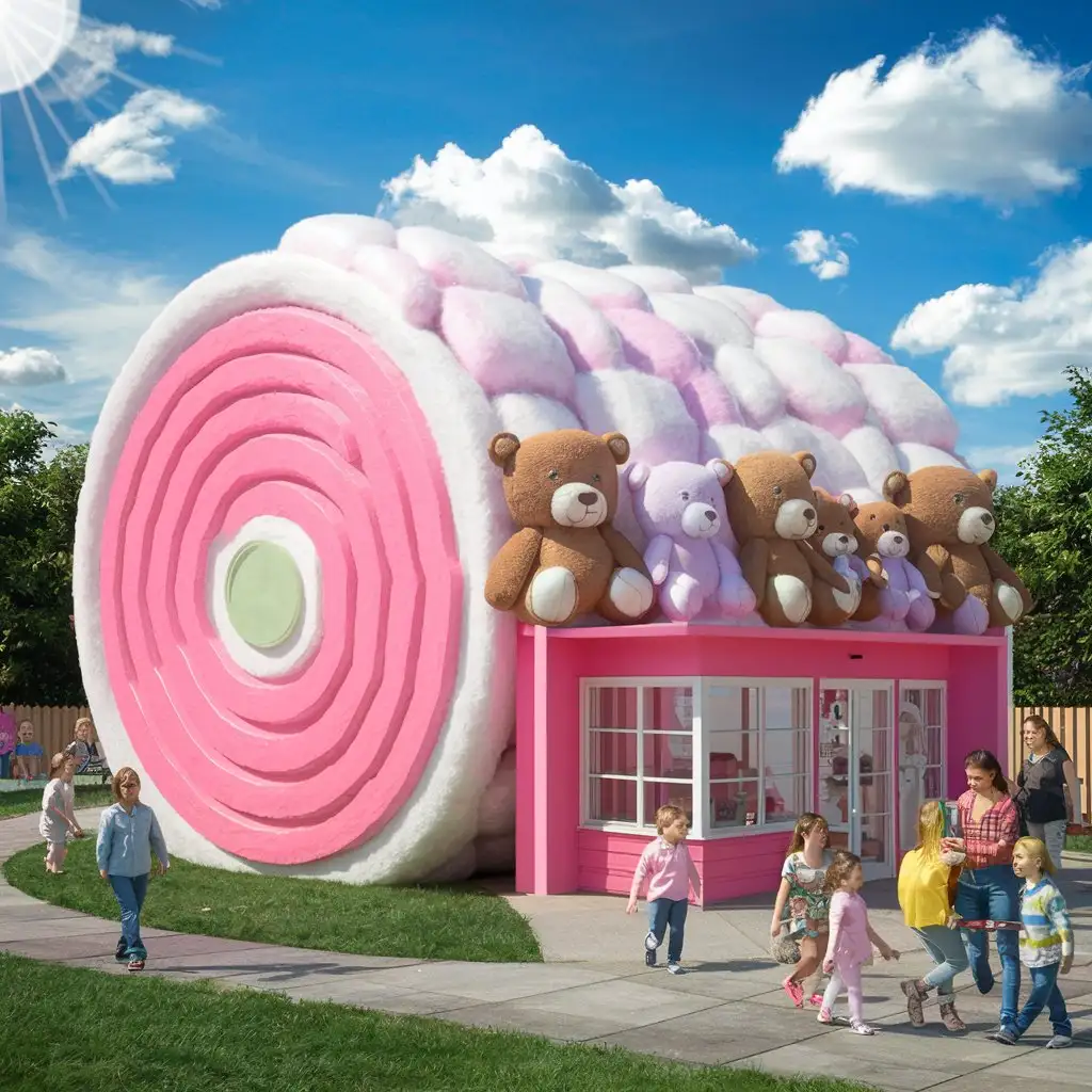 здание детского сада в форме сладкой ваты с плюшевыми мишками 