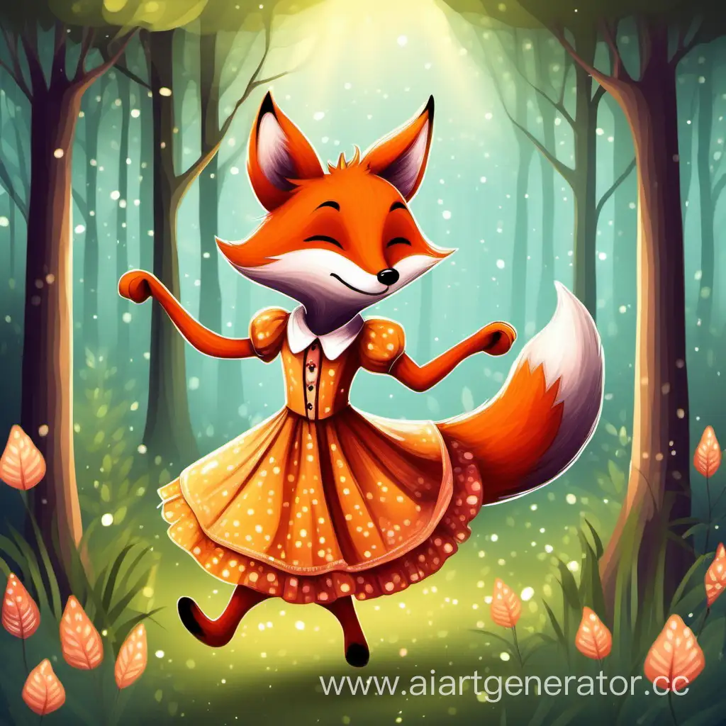 сказка, лисичка в платье веселится и танцует, на заднем плане лес
