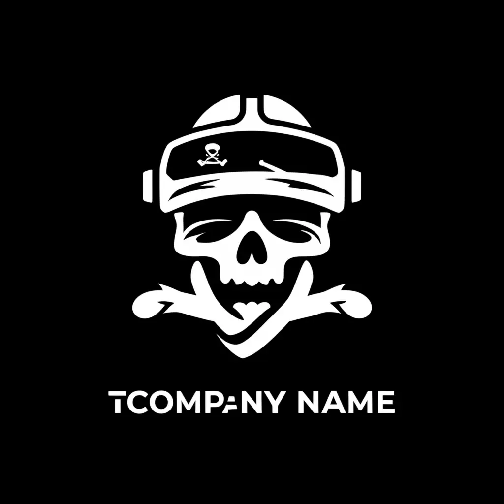 a logo design,with the text "VR pirate", main symbol:Black and white silhouette of a Pirate flag with a VR headset on it,Minimalistic,be used in Technology industry,clear background