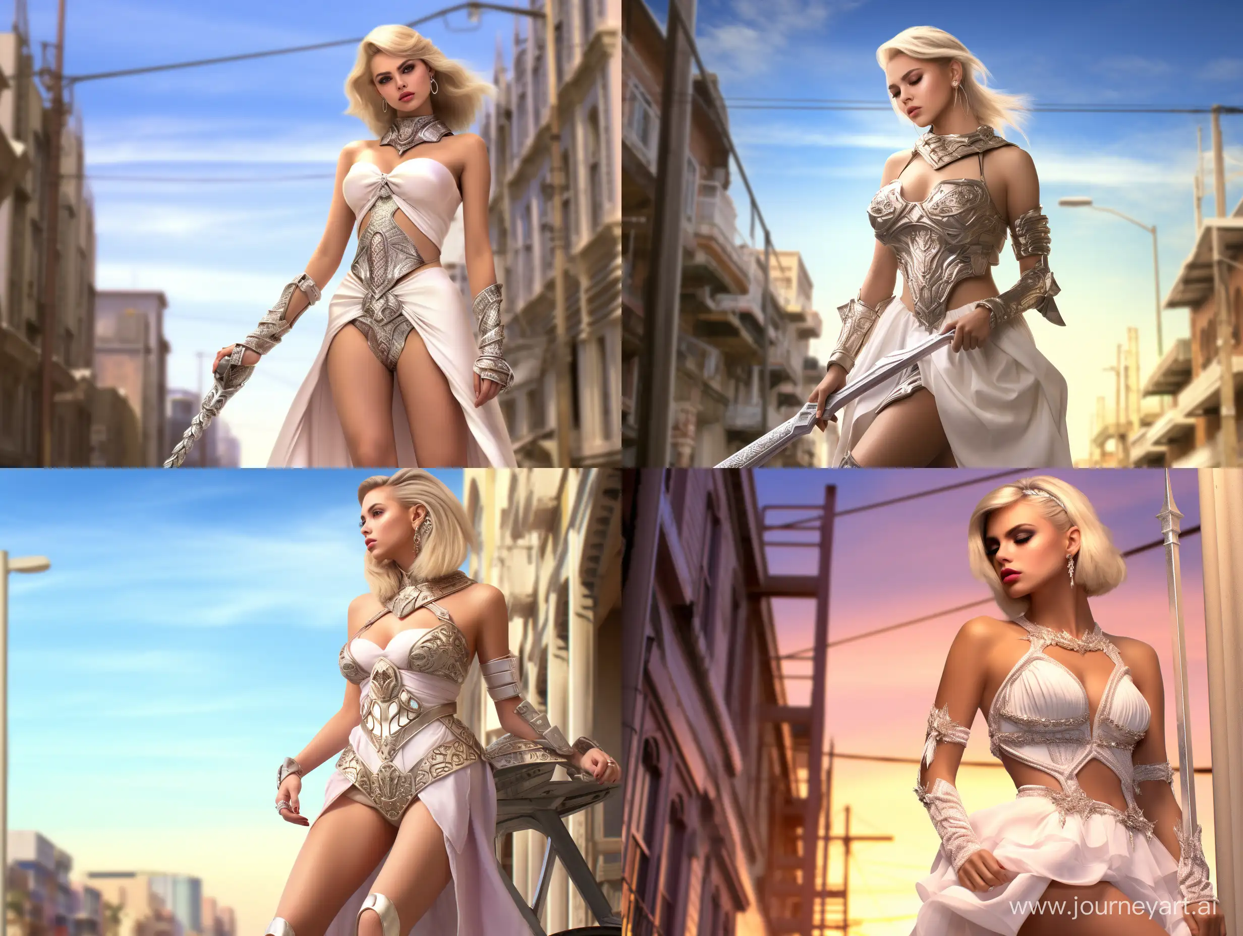 Stylish-Platinum-Blonde-Woman-in-Gladiator-High-Heels-and-White-Strapless-Dress