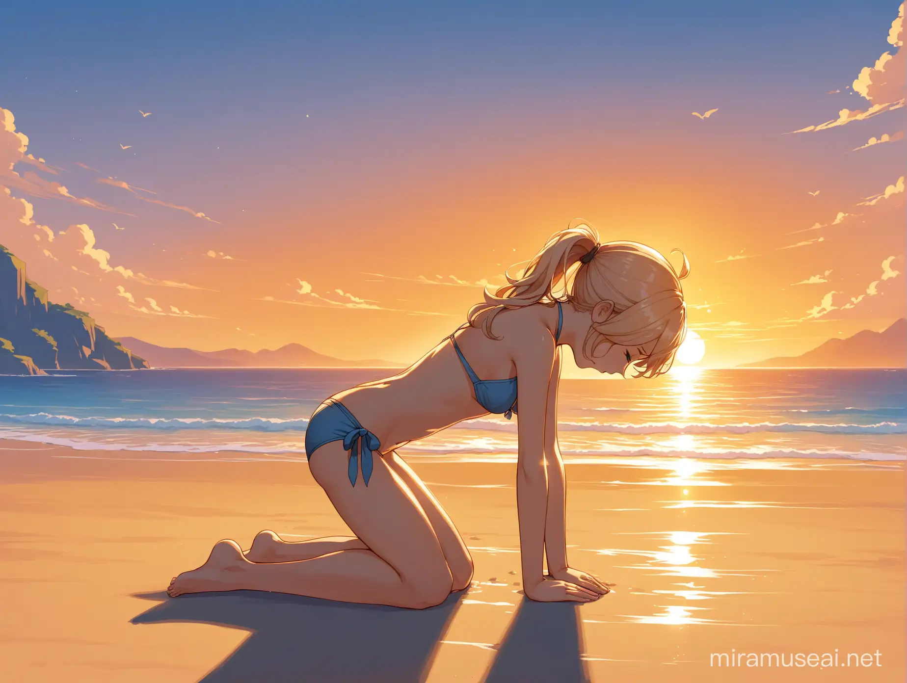 Jean character from Genshin Impact is  praying in sujud in the beach in tiny bikini's sunset
