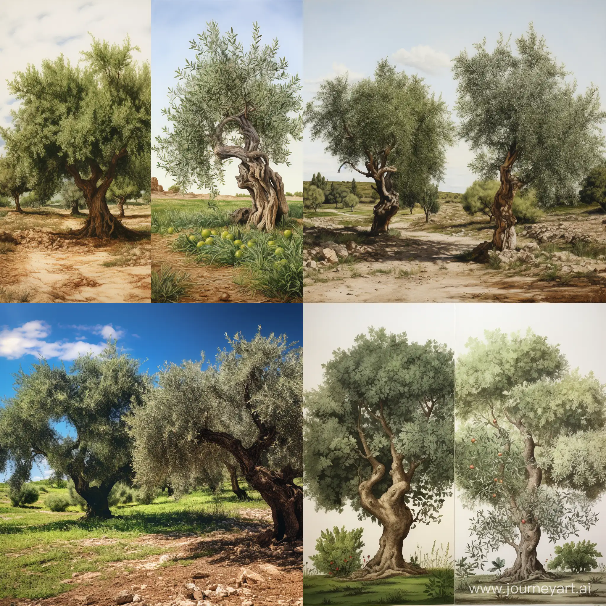 Links einen Olivenbaum und rechts grüne Fläche