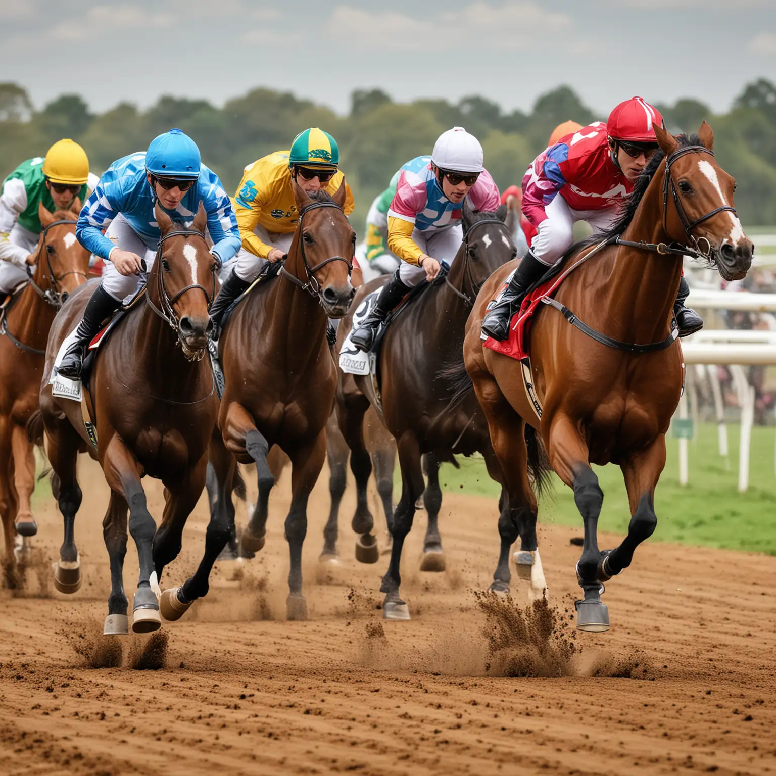 create an image of 3 horse racing around a track, with jockeys background to include a calendar