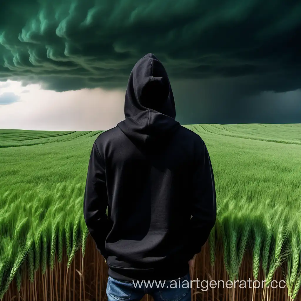 Solitary-Figure-in-Black-Hoodie-Observing-Approaching-Storm-in-Vast-Green-Wheat-Field