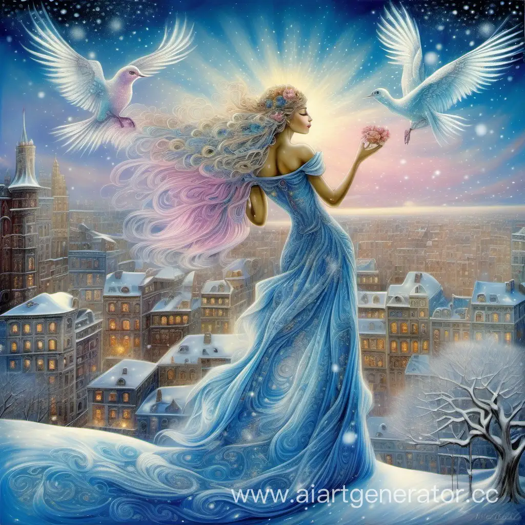 в стиле Жозефины Уолл красавица в полный рост сыплет снег на город красивые волосы и платье белые птицы,глиттер,алмазная пыль, синий ,голубой,розовый,сказочно, мистика волшебство 