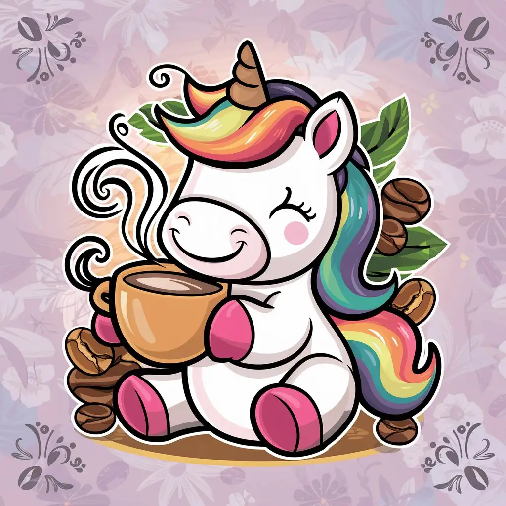 vector art, cute cartoon unicorn with coffee

