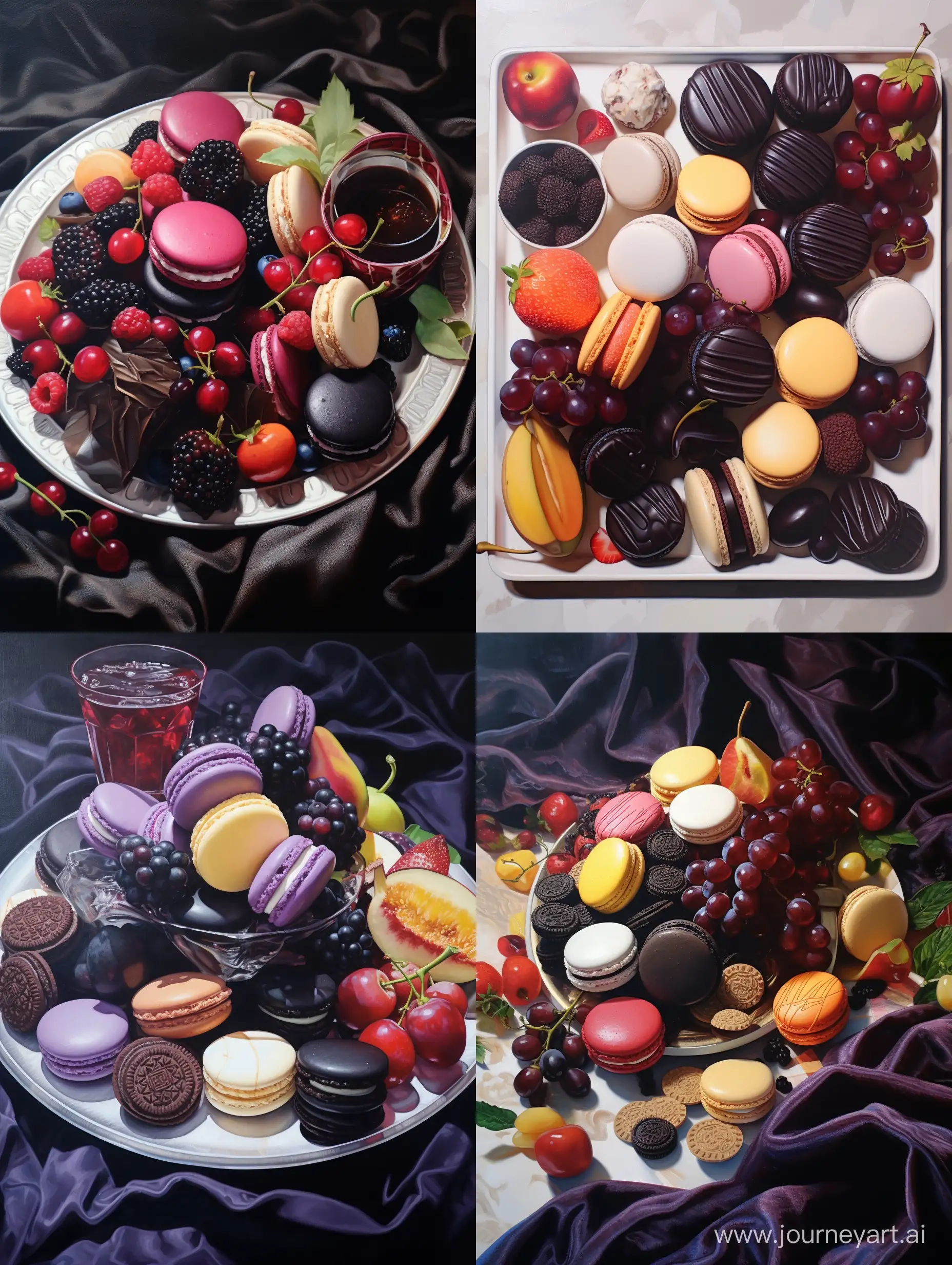Macaroon, the taste of coconut, black currant, chocolate, pineapple, several pieces, on a tray, bright, super realistic, without blurring
