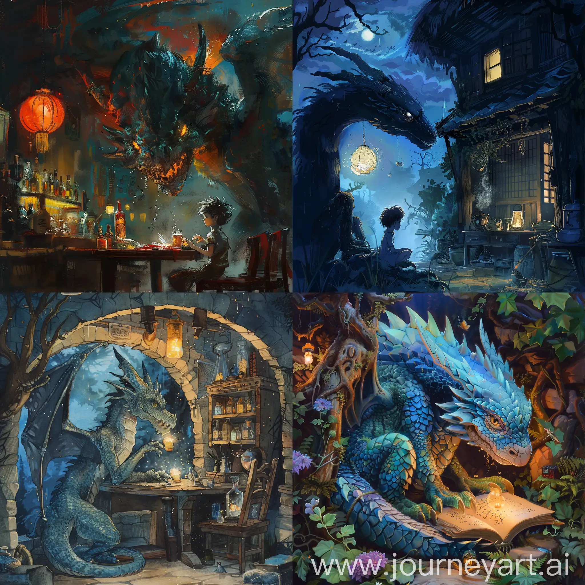 /imagine prompt: A blue dragon sitting on a table in a tavern, drinking a beer. :: painting::1,By Studio Ghibli::1.9