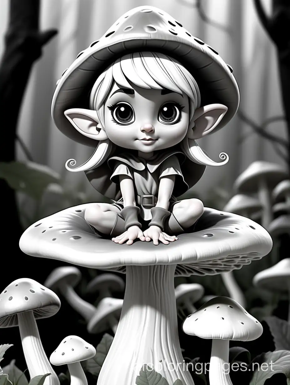 elf on mushroom in grayscale , Coloring Page, black and white, line art, white background, Simplicity, Ample White Space. The background of the coloring page is plain white to make it easy for young children to color within the lines. The outlines of all the subjects are easy to distinguish, making it simple for kids to color without too much difficulty
