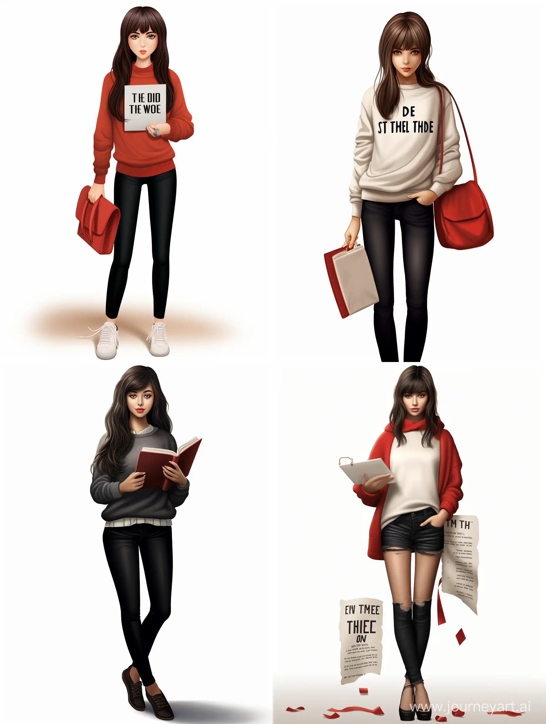 Create a 3D illustration featuring a realistic 18years young handsome girl wearing a white long-sleeved sweaterl , loose black pants and black shoes .She wears a bag in her hand with words " Tsew The Kid'' .Her hair is long to her shoulders with bangs that do not extend past her eyebrows.  His hair should be red but dark in color. She is sitting on an social media logo .  The character background is a mock-up of their social media profile page with a profile name "Li Yori" and a profile picture identical to the character.  Soft light reflection

