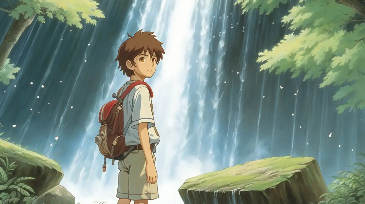 a boy with brown hair standing under a waterfall, happy, peaceful, beauiful illustration of fantasy, ghibli, princess mononoke, soothing, dark, music, amazing detailed game poster, Hayao Miyazaki --ar3:2 --niji 5