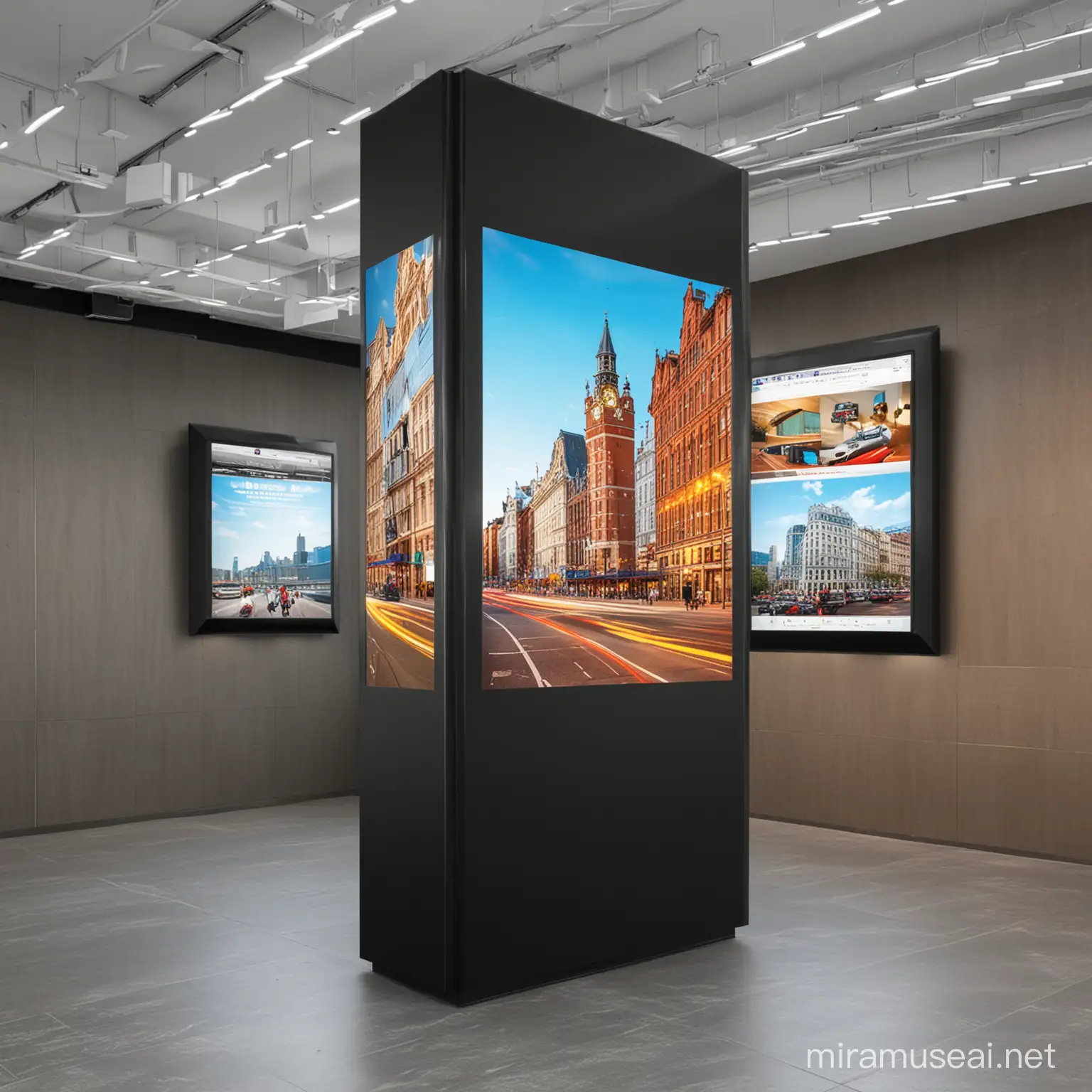 Create an illustrative image highlighting the diverse form-factors of LED displays. Include representations of stand-alone displays, standees with built-in screens, wall-mounted setups, and variations with touch and non-touch capabilities. Each form-factor should be distinct and clearly labeled, showcasing their unique features and versatility. Use a modern and sleek design to emphasize the technology's flexibility and adaptability to different environments. The image should convey the range of options available for deploying LED displays in various settings, from interactive touchscreens to space-saving wall mounts.
