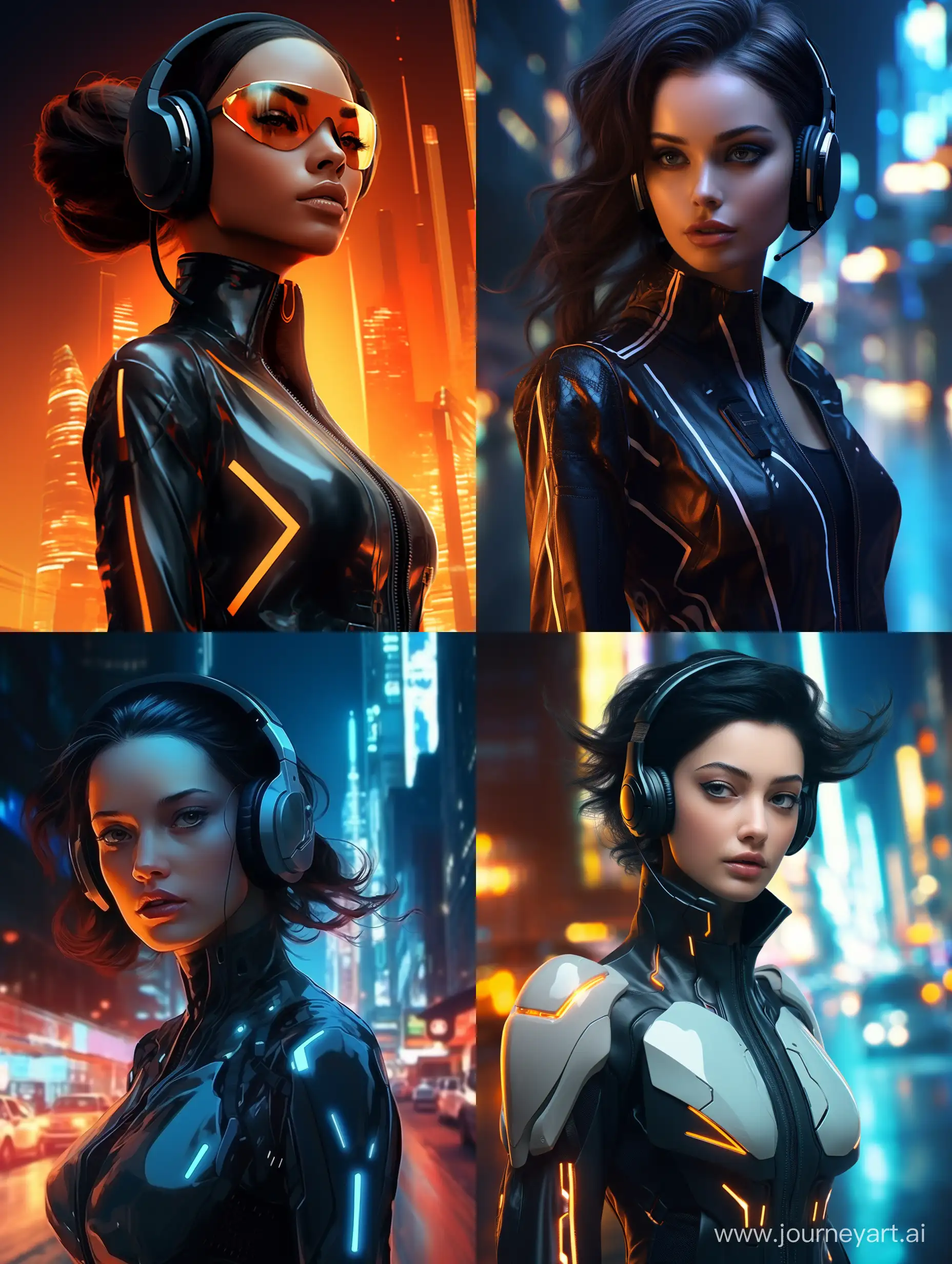 A cyber woman wears a jacket and headphone in neck, wandering in night futuristic city, tron legacy, sister, android woman, detailed face and clothings, cinematic lighting