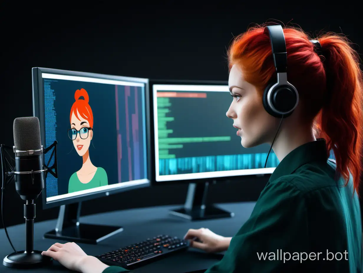 AI voice assistant, in the frame a female programmer with red hair from behind, microphone, code on the screen, monitor not large, colors black, green, blue, orange