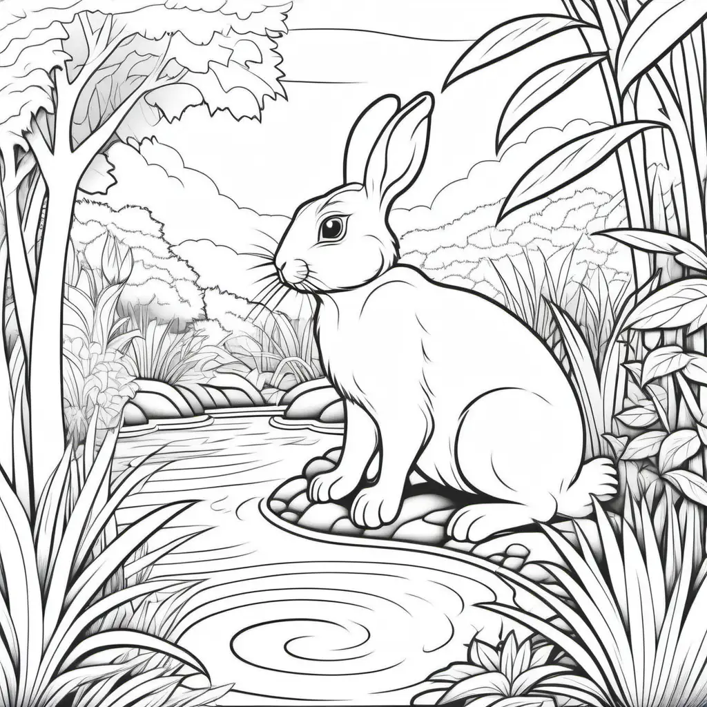 Whimsical Rabbit Coloring Page in Edenic Garden by the Water