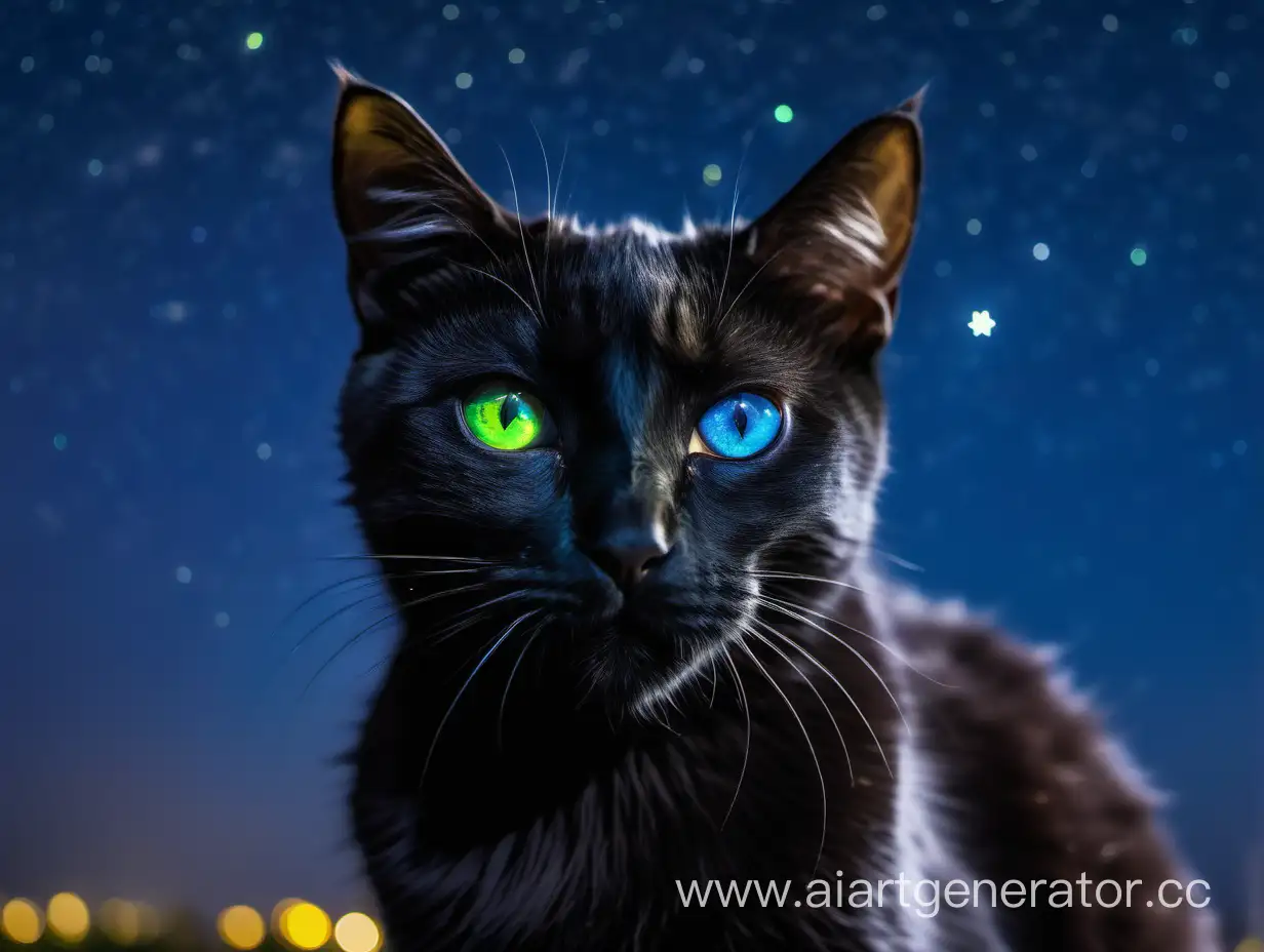 черный кот с разного цвета глазами. один глаз голубого цвета а второй зеленый. на фоне ночное звездное небо.