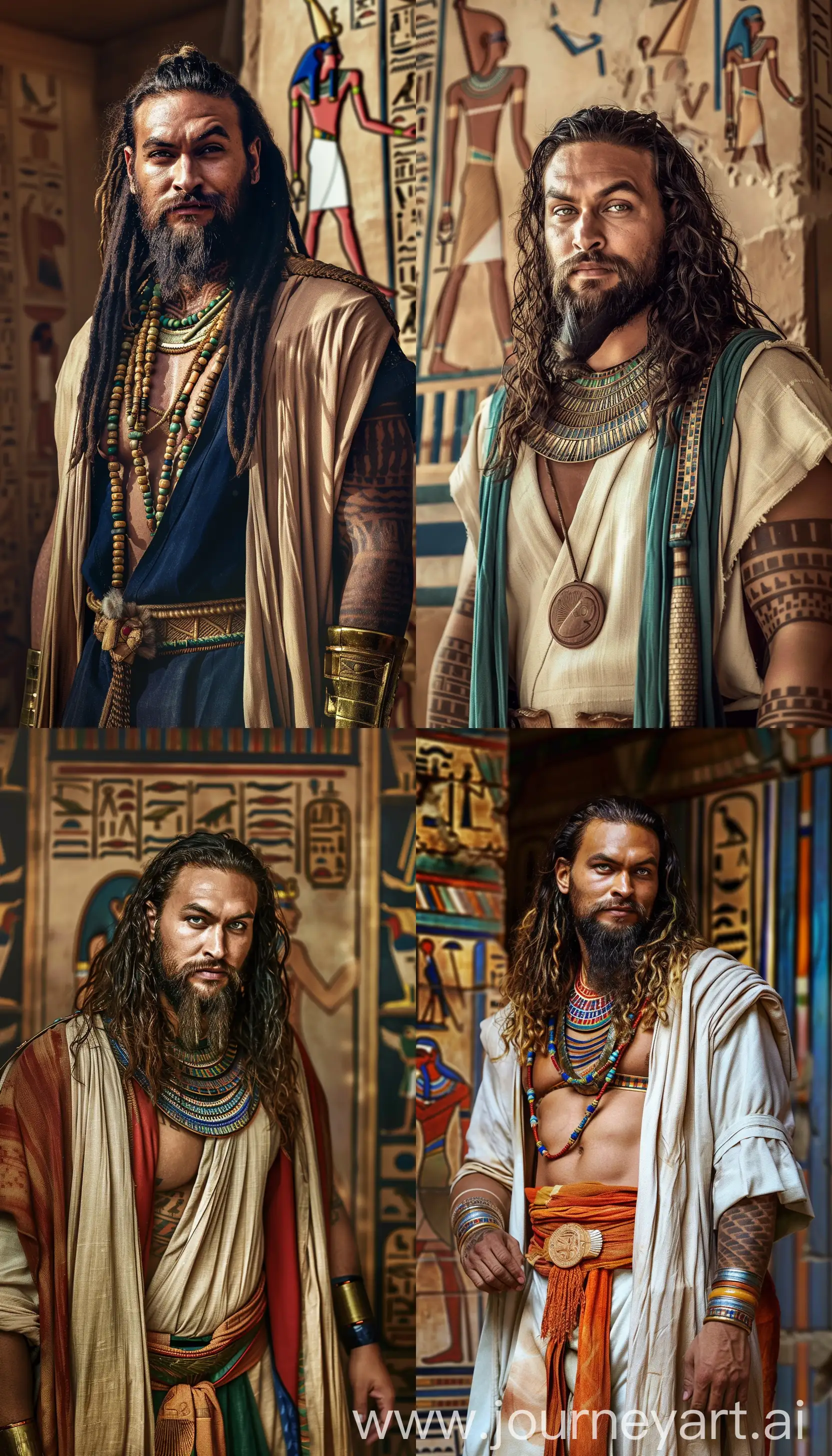  - Realistic photo of jason momoa during Ancient Egypt, dressed in traditional ancient Egyptian attire Style - Hyper-Realistic Historical Photography: Emulating lifelike details and authenticity of an ancient Egyptian setting Setting - An authentic Ancient Egyptian background, capturing the essence of historical Egypt Composition - Featuring Elon Musk adorned in traditional ancient Egyptian clothing, reflecting the attire of the era Camera Model - Utilizing a professional-grade camera known for its ability to capture fine details and realism, such as the Canon EOS R5, to convey lifelike and detailed imagery Additional Info - The image aims to depict Elon Musk realistically in Ancient Egypt, emphasizing authenticity in attire, setting, and the ambiance of historical Egypt, merging realism with the historical context of Ancient Egyptian civilization --ar 4:7