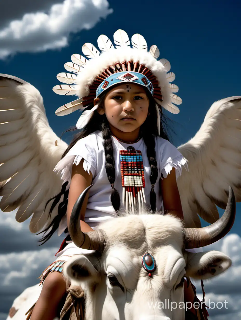10 year old native American girl black hair brown eyes wearing headdress riding white buffalo with wings in cloudy sky