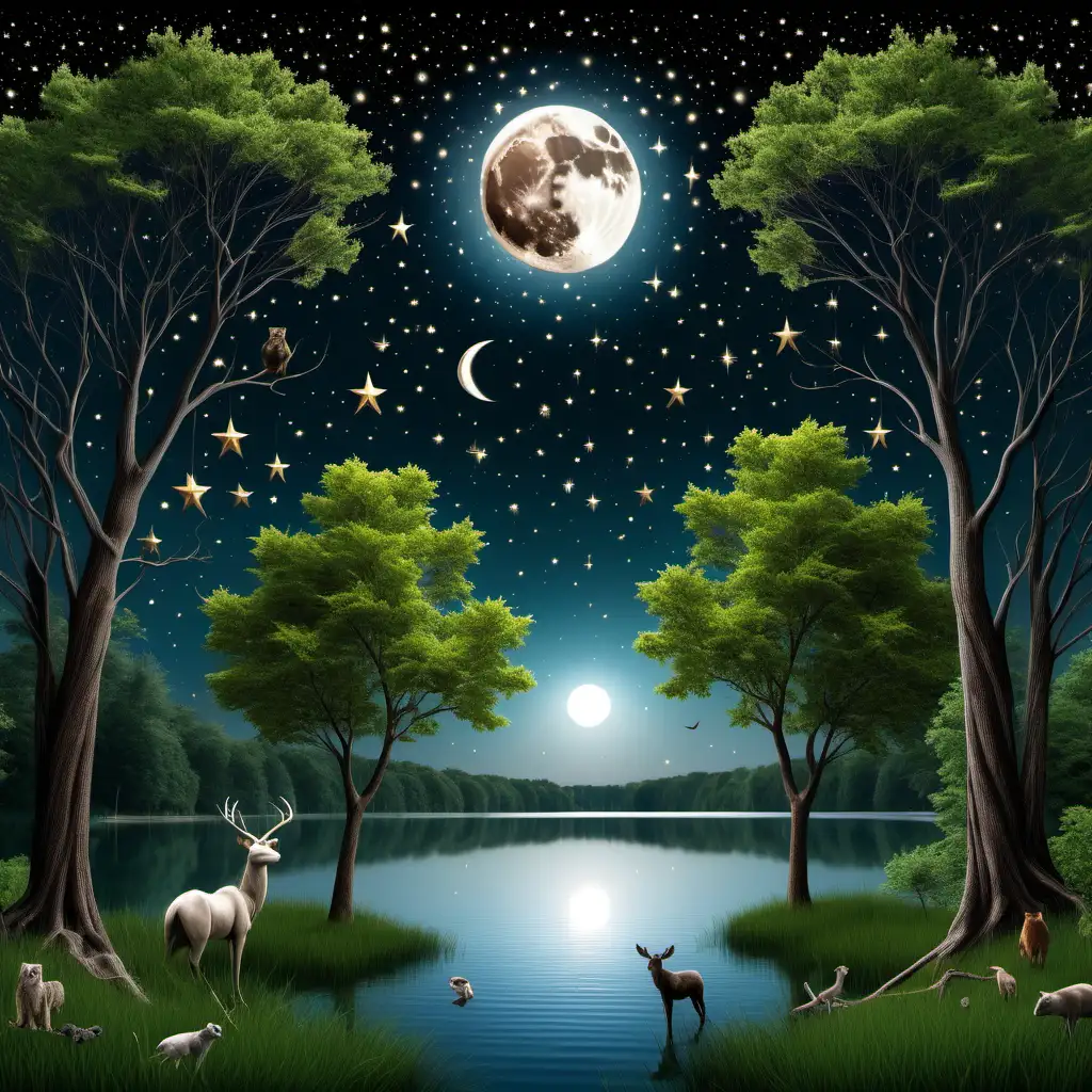 Serenity Moonlit Night with Trees Lake and Wildlife
