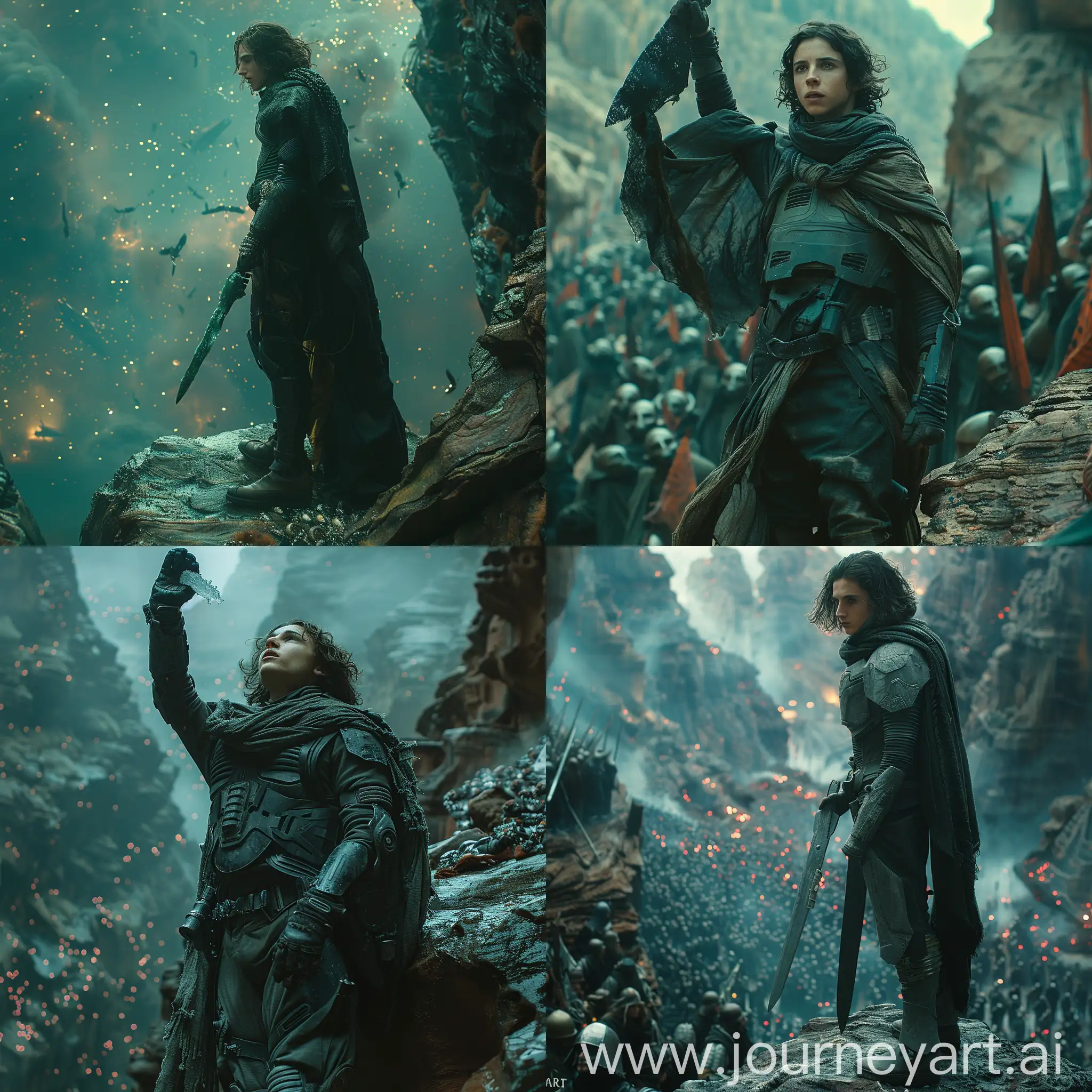atreides played by chalamet raising a crysknife while standing on a rock, staring down at millions of fremen, uhd image, cinematic, moody, bokeh, movie trailer style  in the style of fantasy scenes, realistic detail,--ar 4:5 --stylize 850