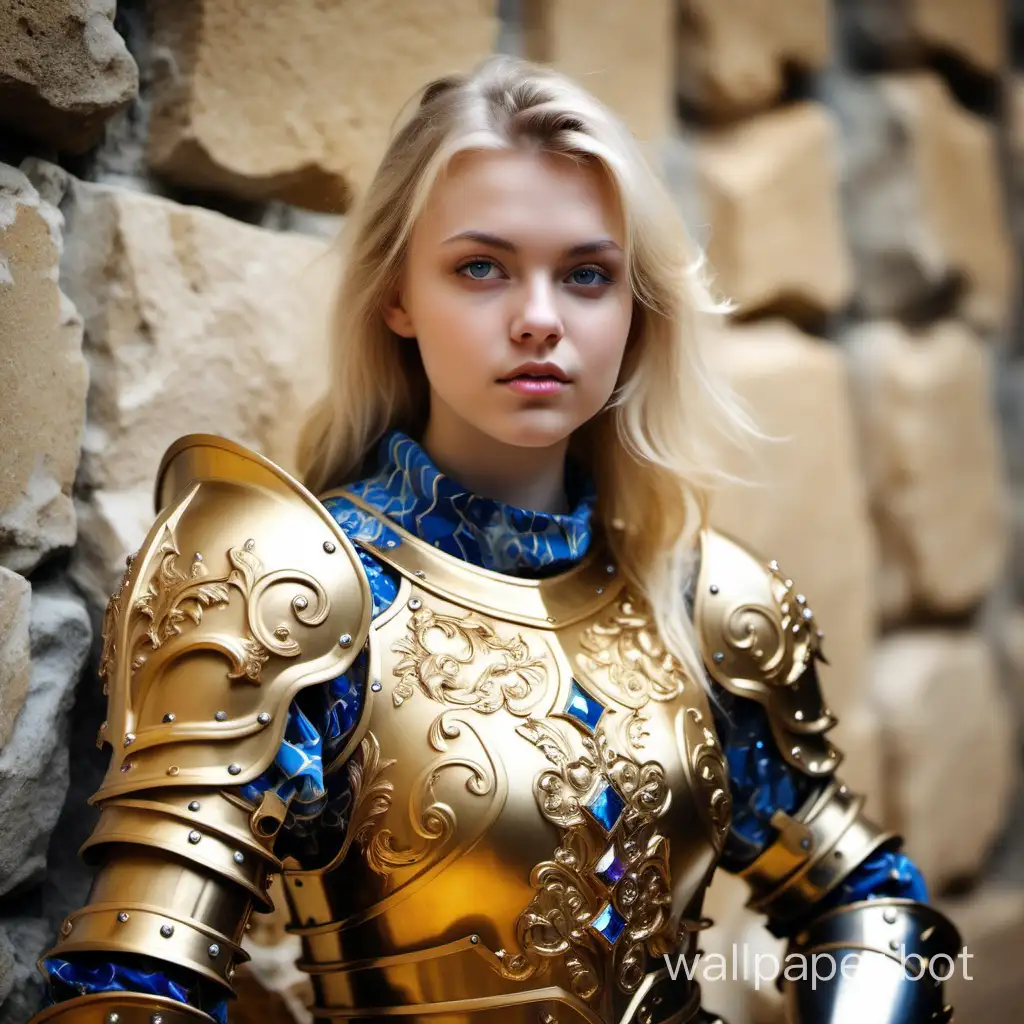 girl, blonde, 25 years old, girl knight, girl in armor, golden armor with patterns and gemstones, against a stone masonry background