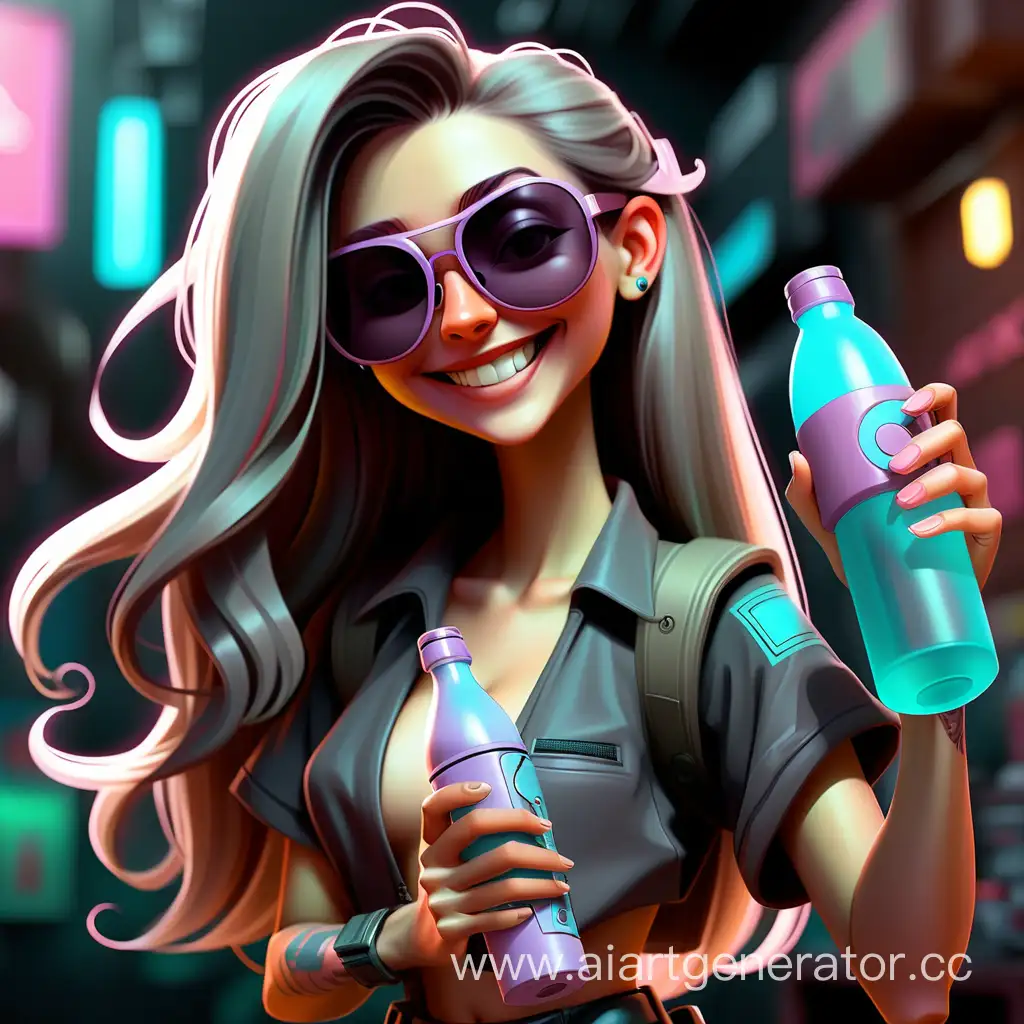 Бутылку с фотографии нарисованная пастелью девушка улыбается с длинными волосами  с феном Duyson в руке и в солнцезащитных очках протягивает в своей руке глядя на камеру. Стиль CyberPunk