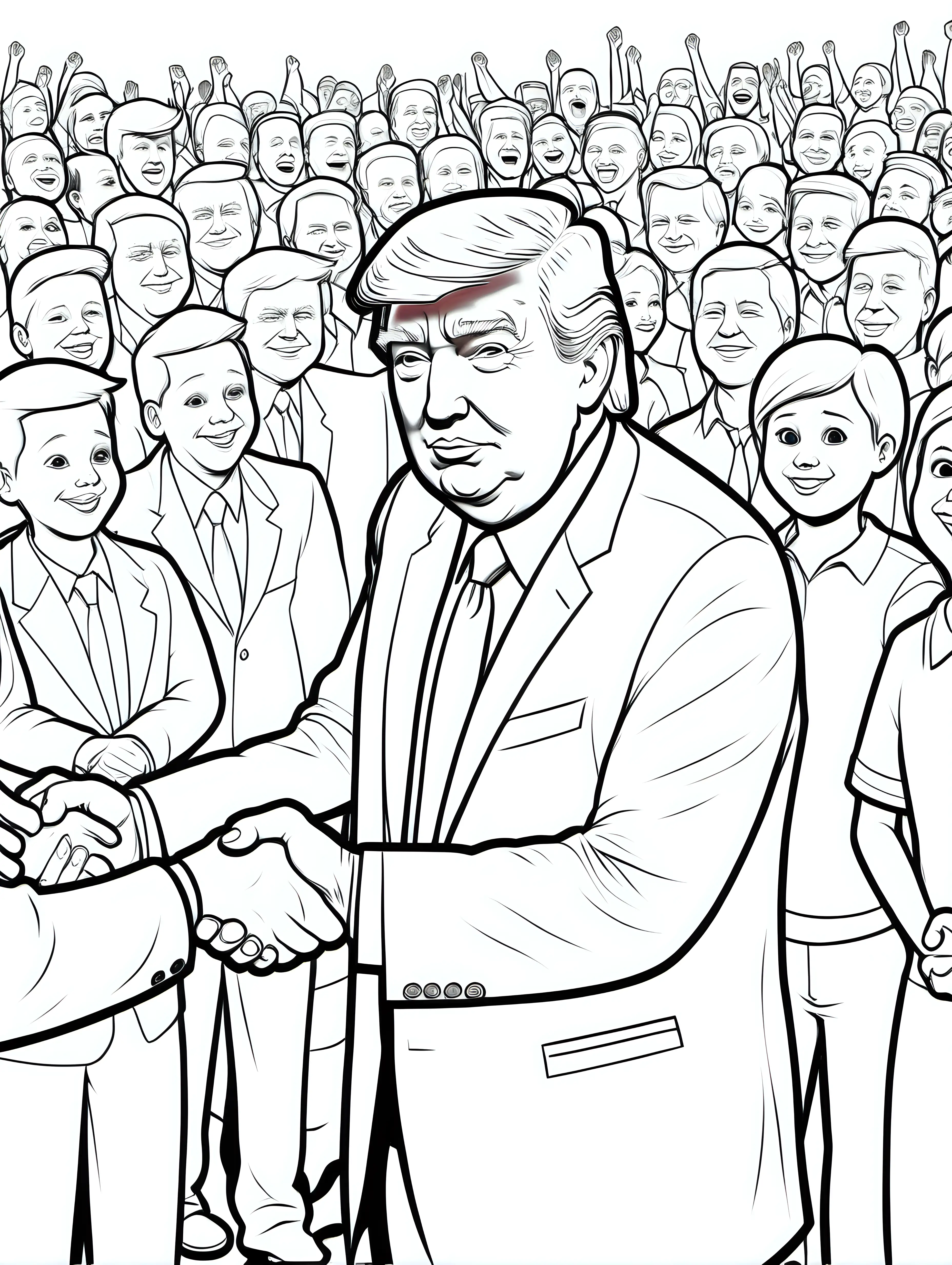 Kids coloring page, b&w lineart, simple, outline, white background, realistic Donald Trump Shaking hands in a crowd