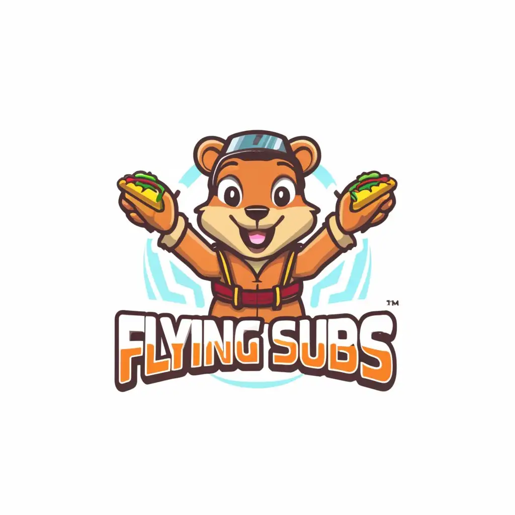 a logo design,with the text "Flying Subs", main symbol:Cartoon Squirrel Holding a Sub Sandwich,Moderate,be used in Restaurant industry,clear background